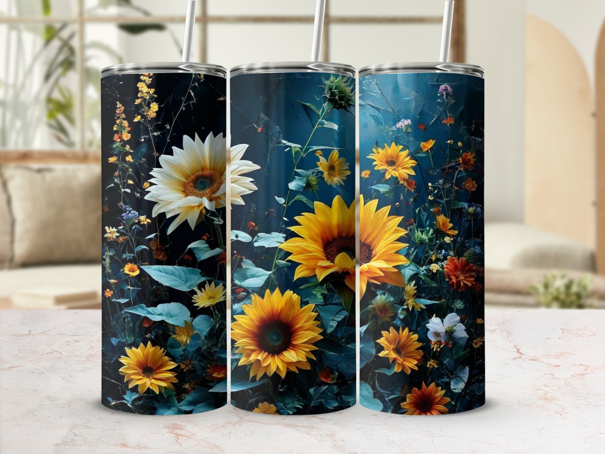 Three tumblers featuring a dark floral pattern with sunflowers and other wildflowers.