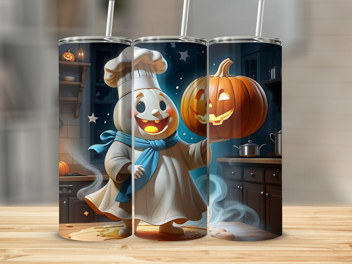 Chef character holding a jack-o'-lantern in a kitchen.