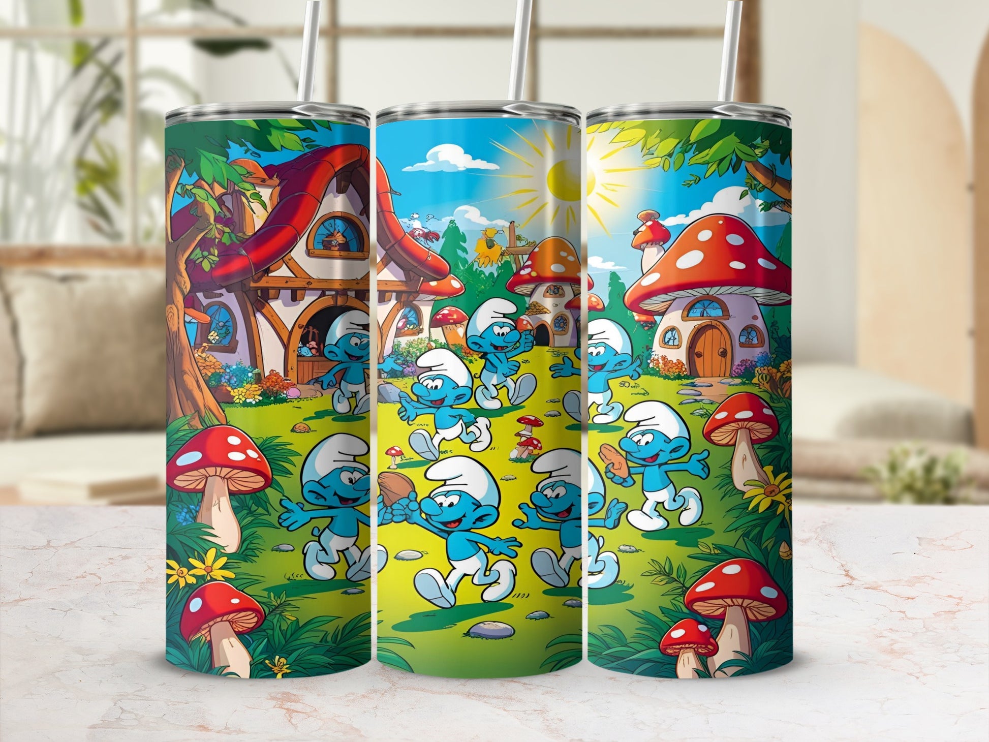 Smurfs walking through a mushroom village with trees and flowers.
