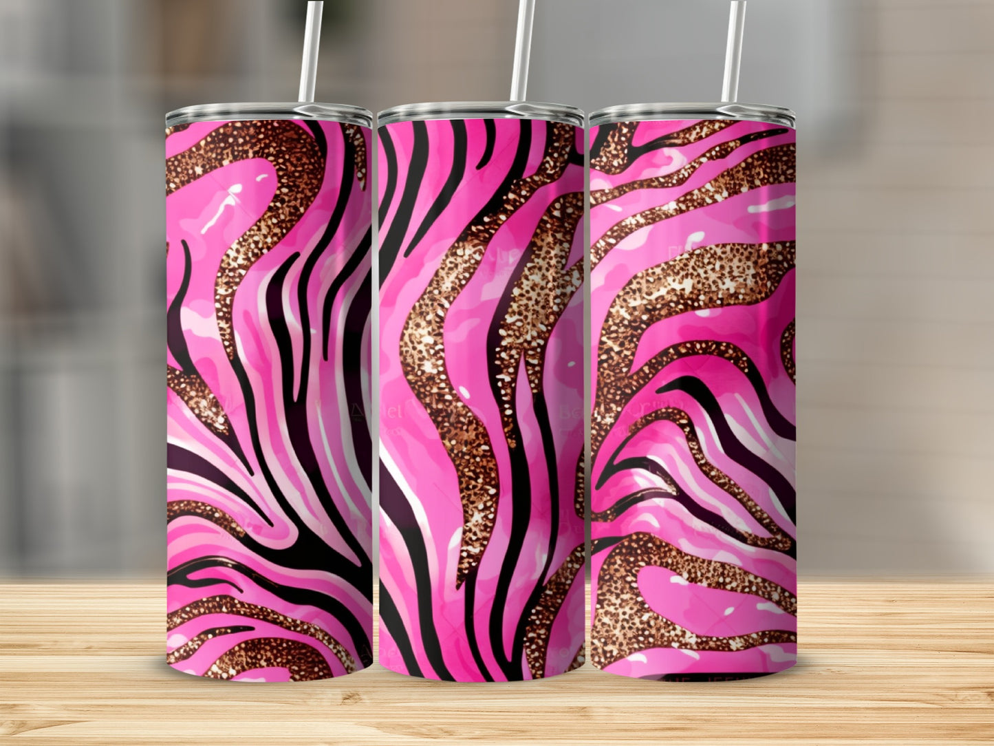 Pink and Gold Glitter Zebra Stripe Travel Tumbler Cup