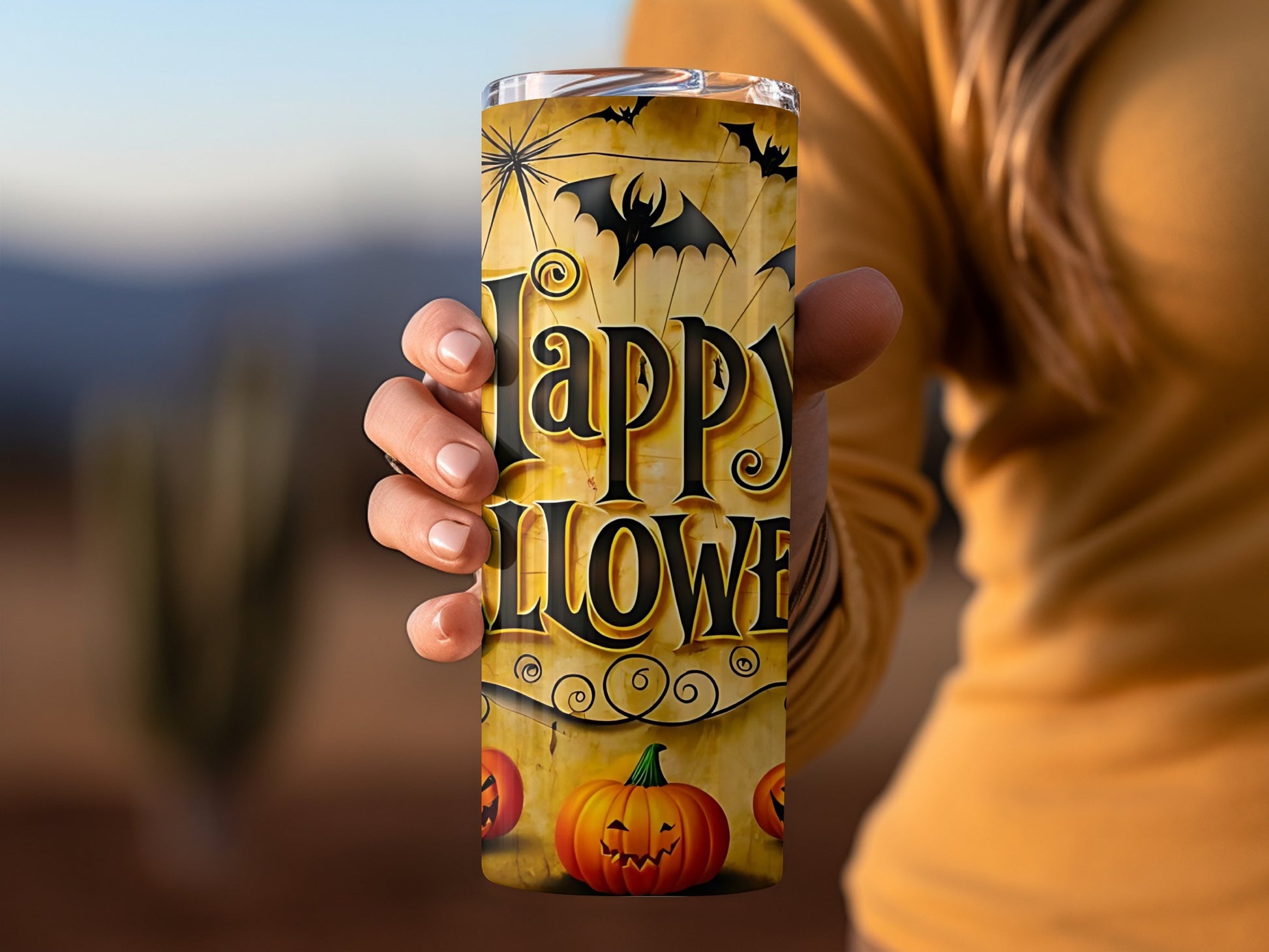 Festive Halloween Design with Bats and Pumpkins Tumbler