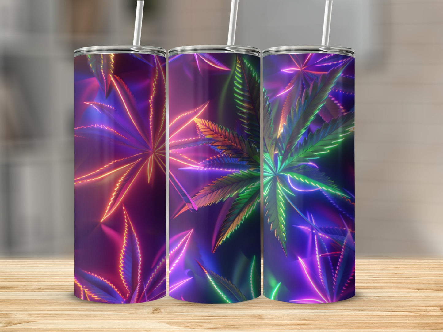 Three tumblers with neon cannabis leaf designs in purple and green.