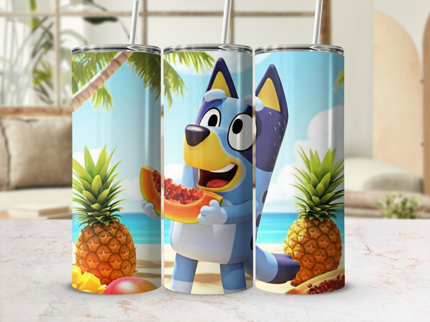 Tropical Cartoon Dog with Pineapple Design Tumbler