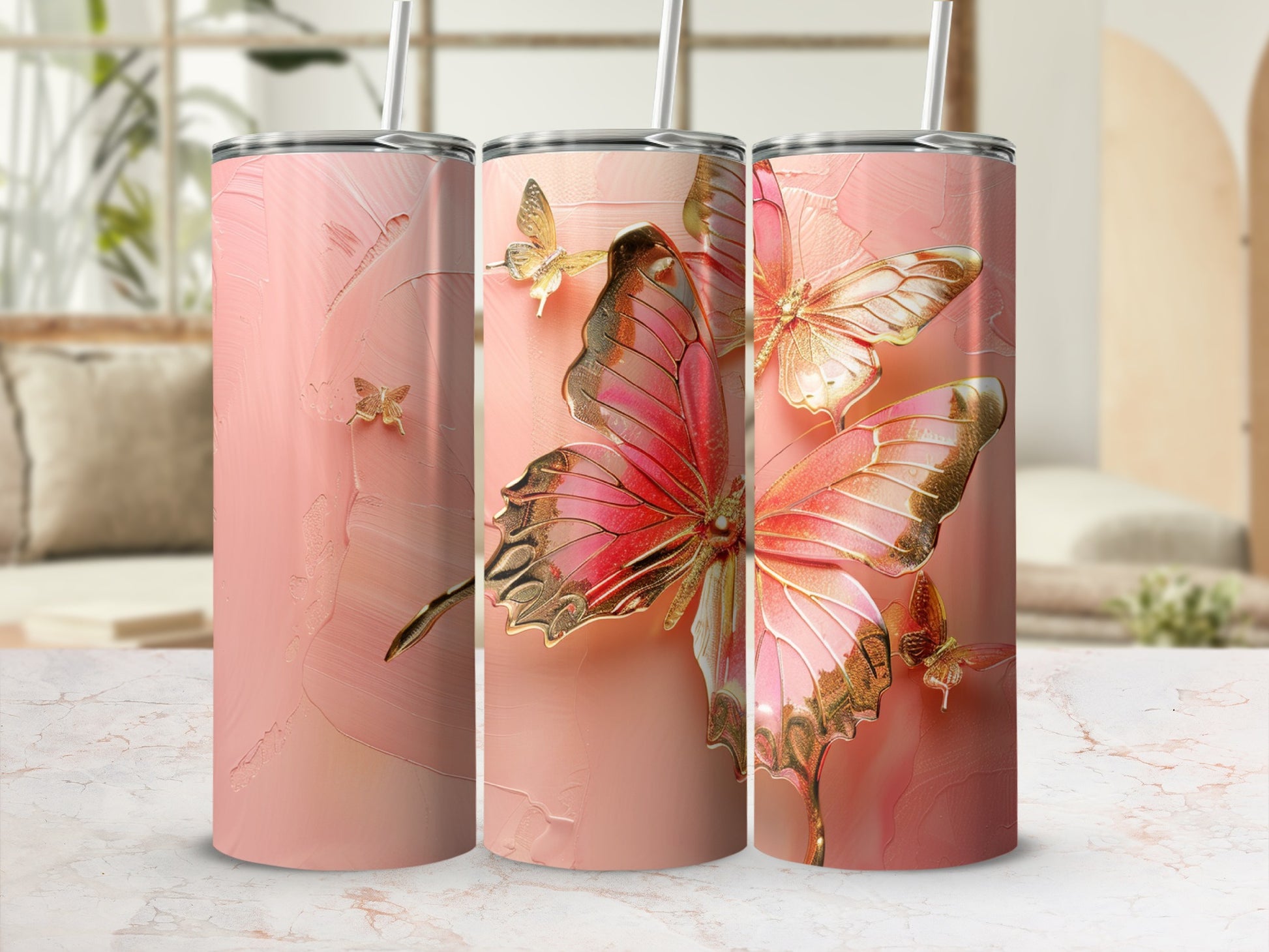 Pink tumbler with raised gold and pink butterfly designs.