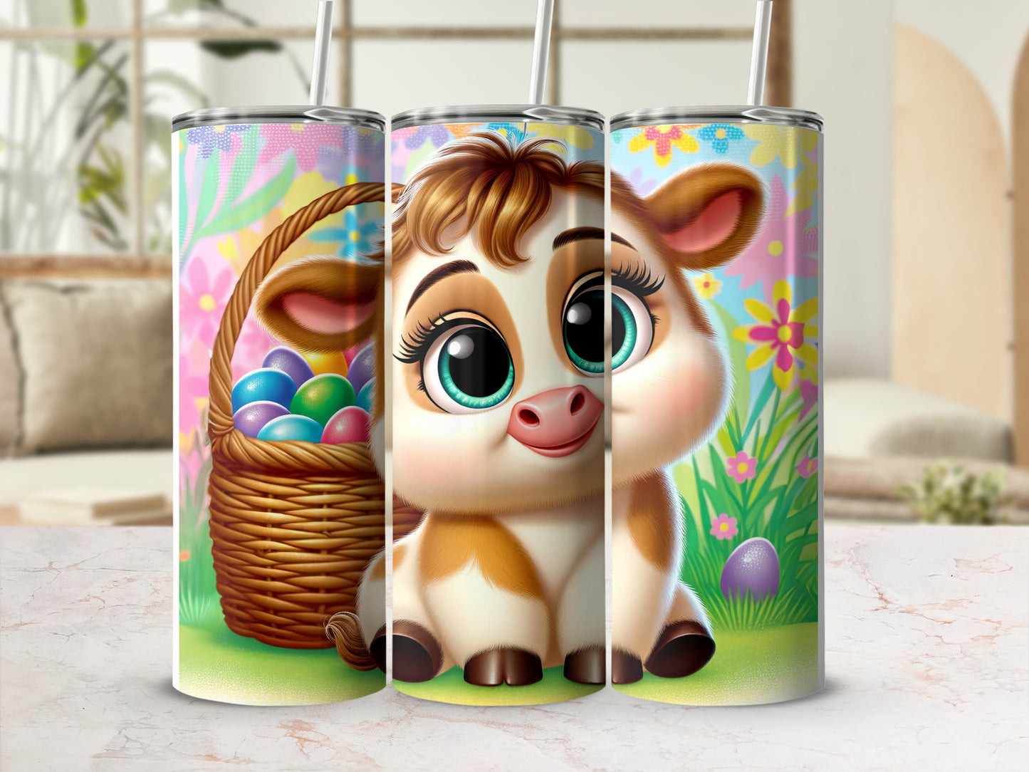 Cute cartoon cow with Easter eggs in a basket, pastel floral background.