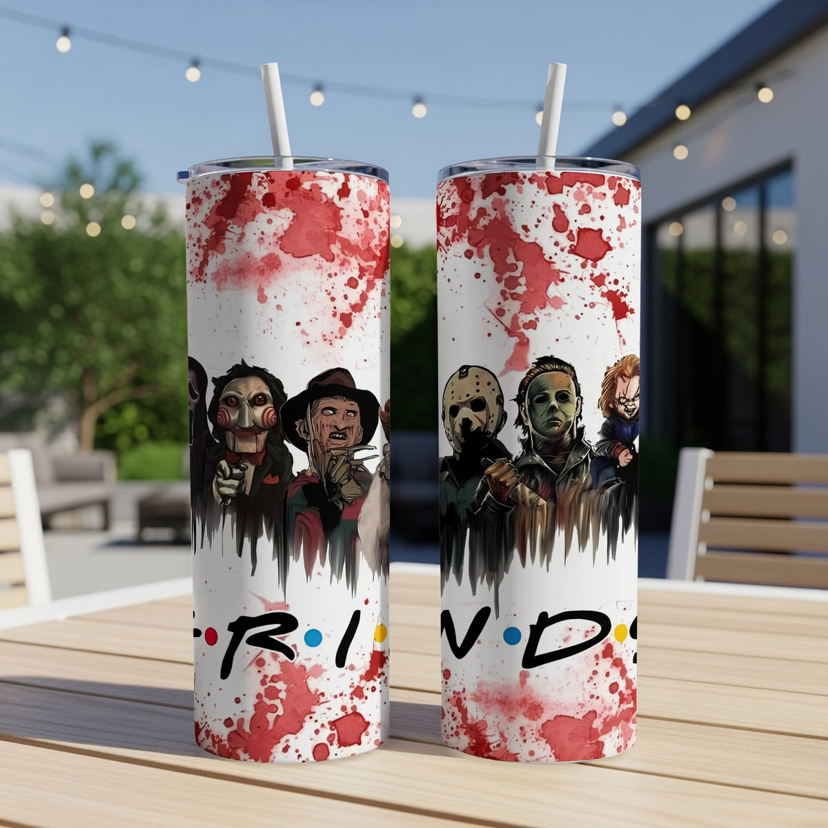 Horror movie villains on white tumblers with red splatters and "FRIENDS" logo.