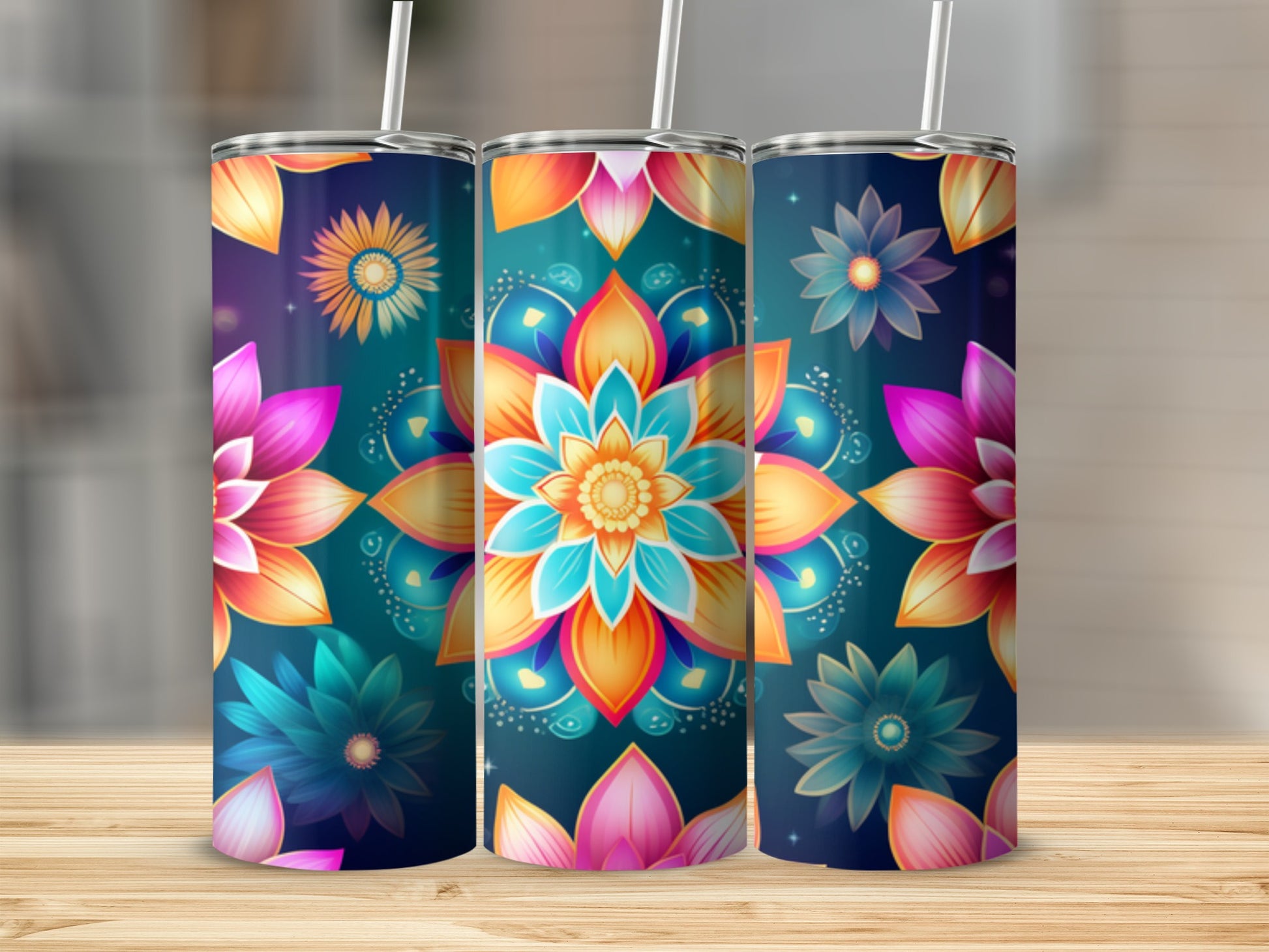 Three tumblers featuring a vibrant mandala flower design.