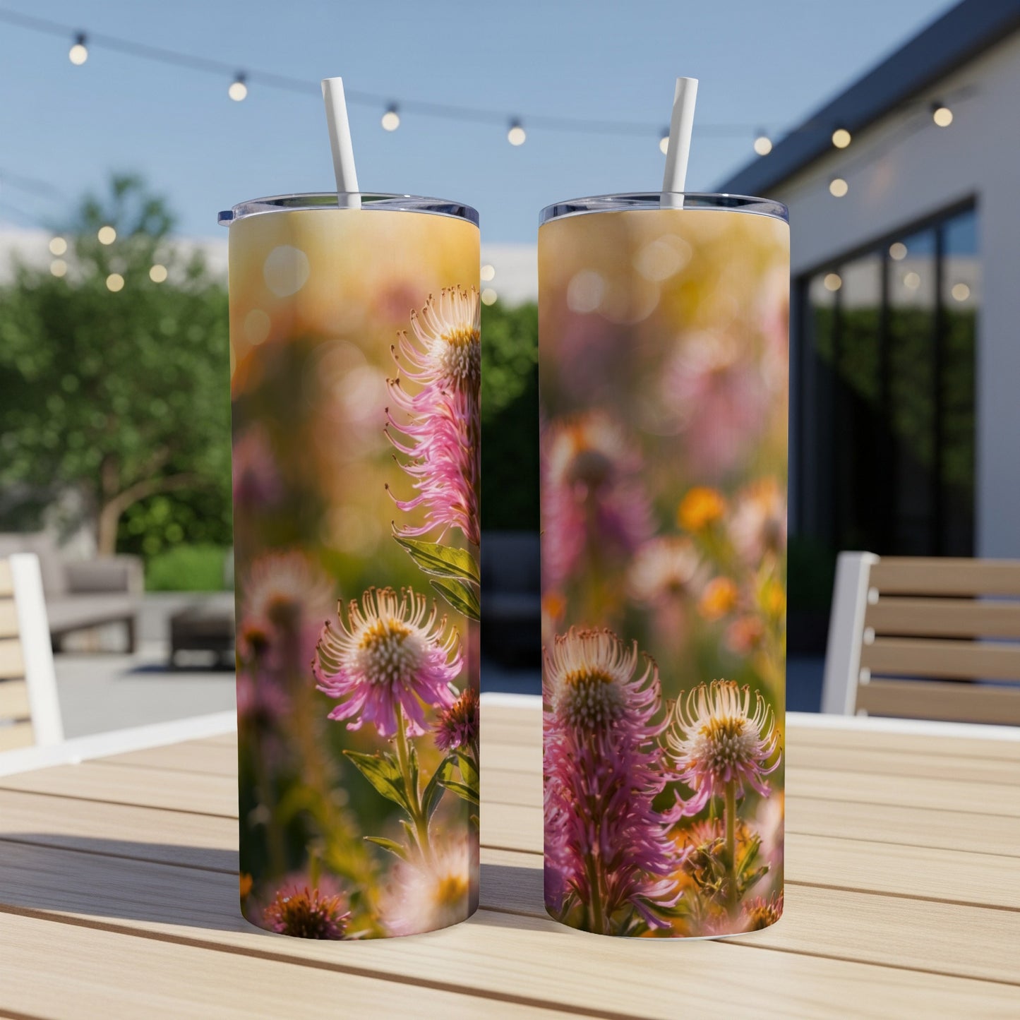 Two tumblers with a floral pattern sit on a table outdoors.