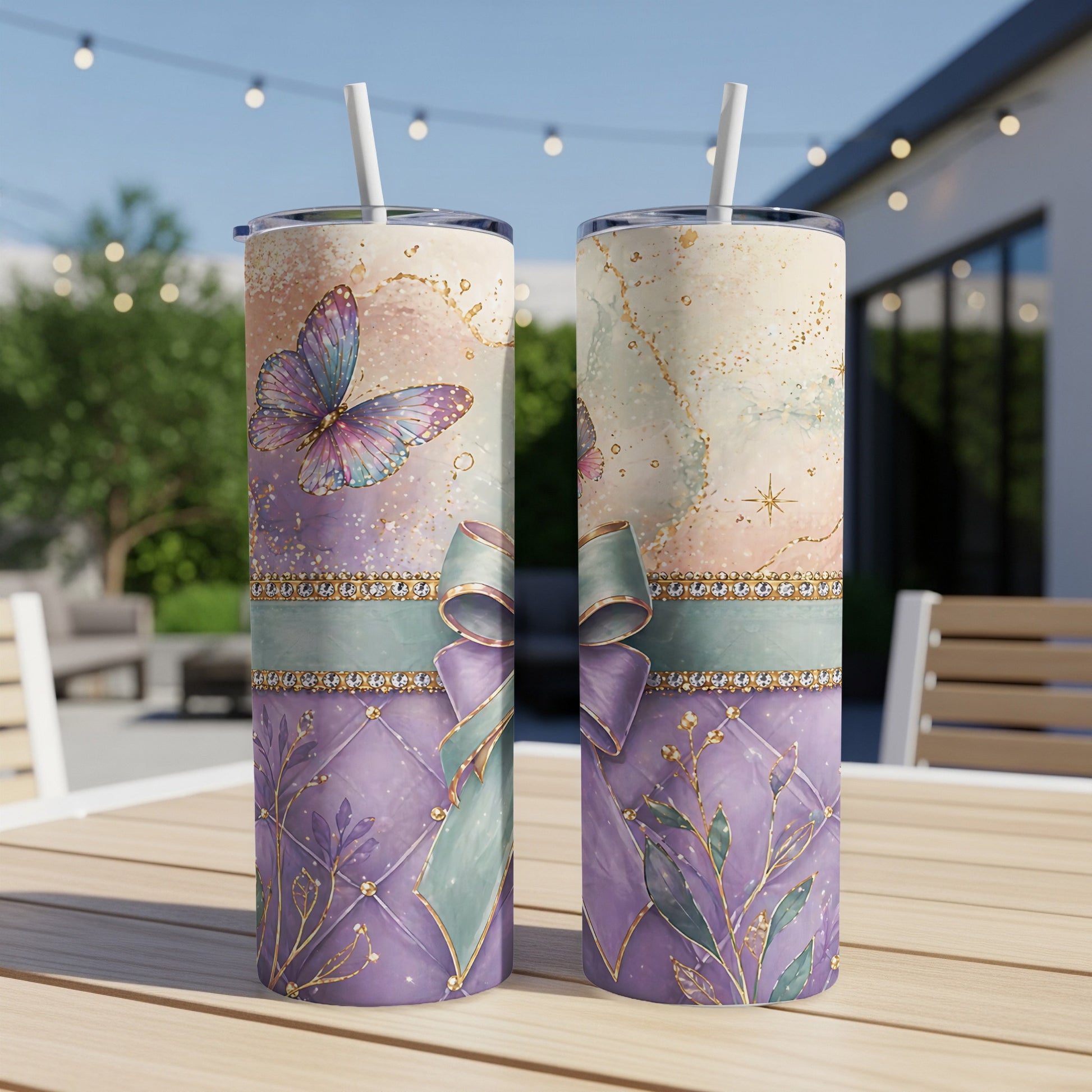 Purple tumbler with butterfly and bow design on a table.