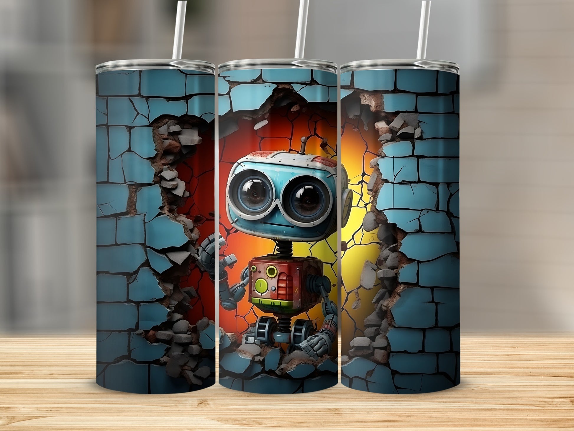 Cute Robot Breaking Through Wall Tumbler Design