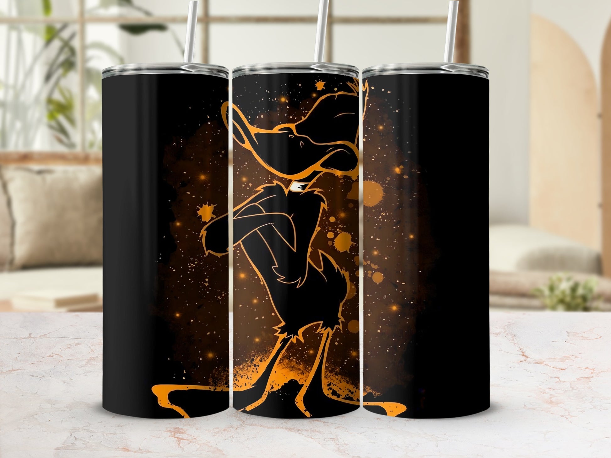 Abstract Orange and Black Tumbler With Straw Design