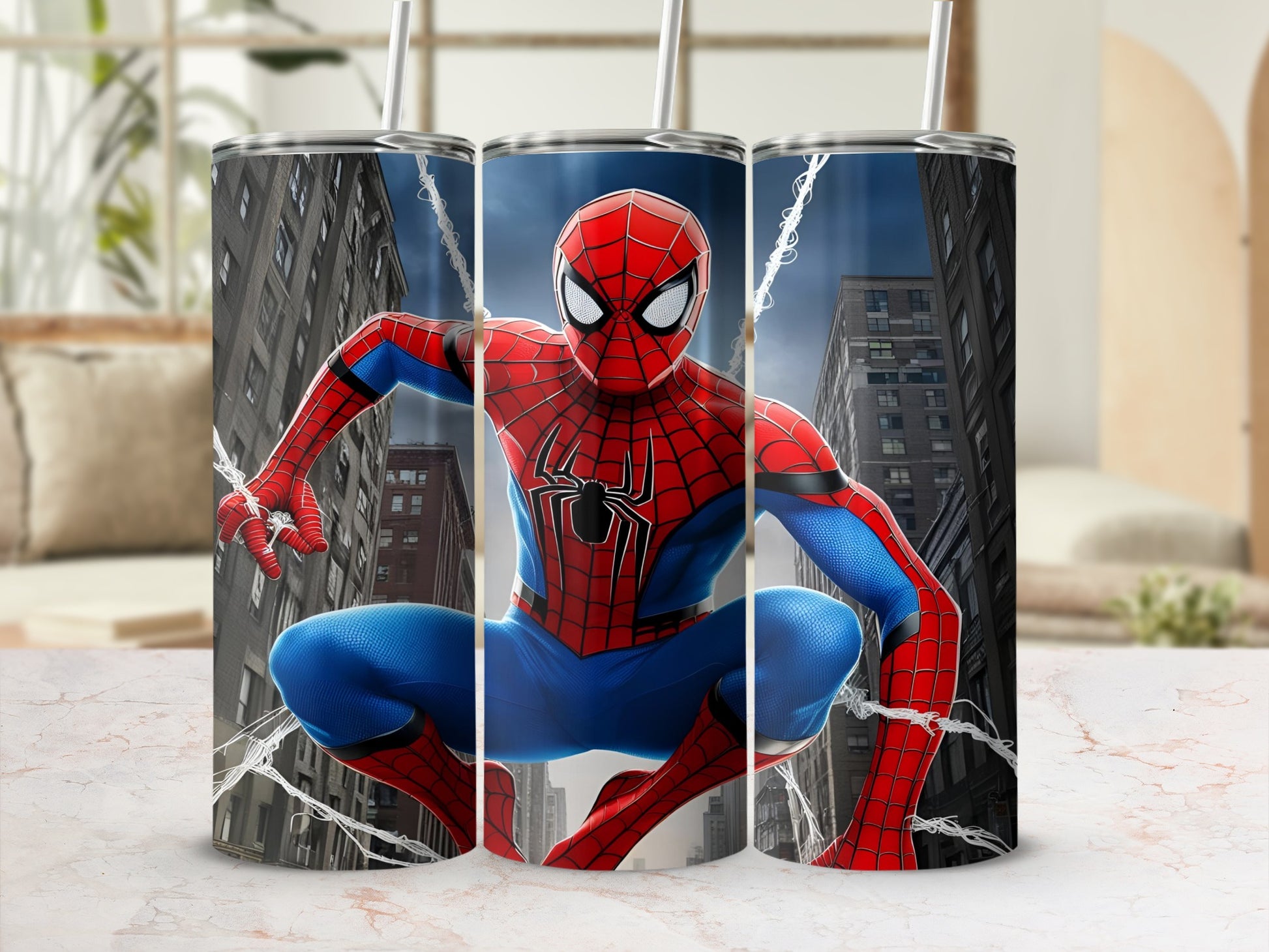 Spiderman crouching on a building with webs, digital art.