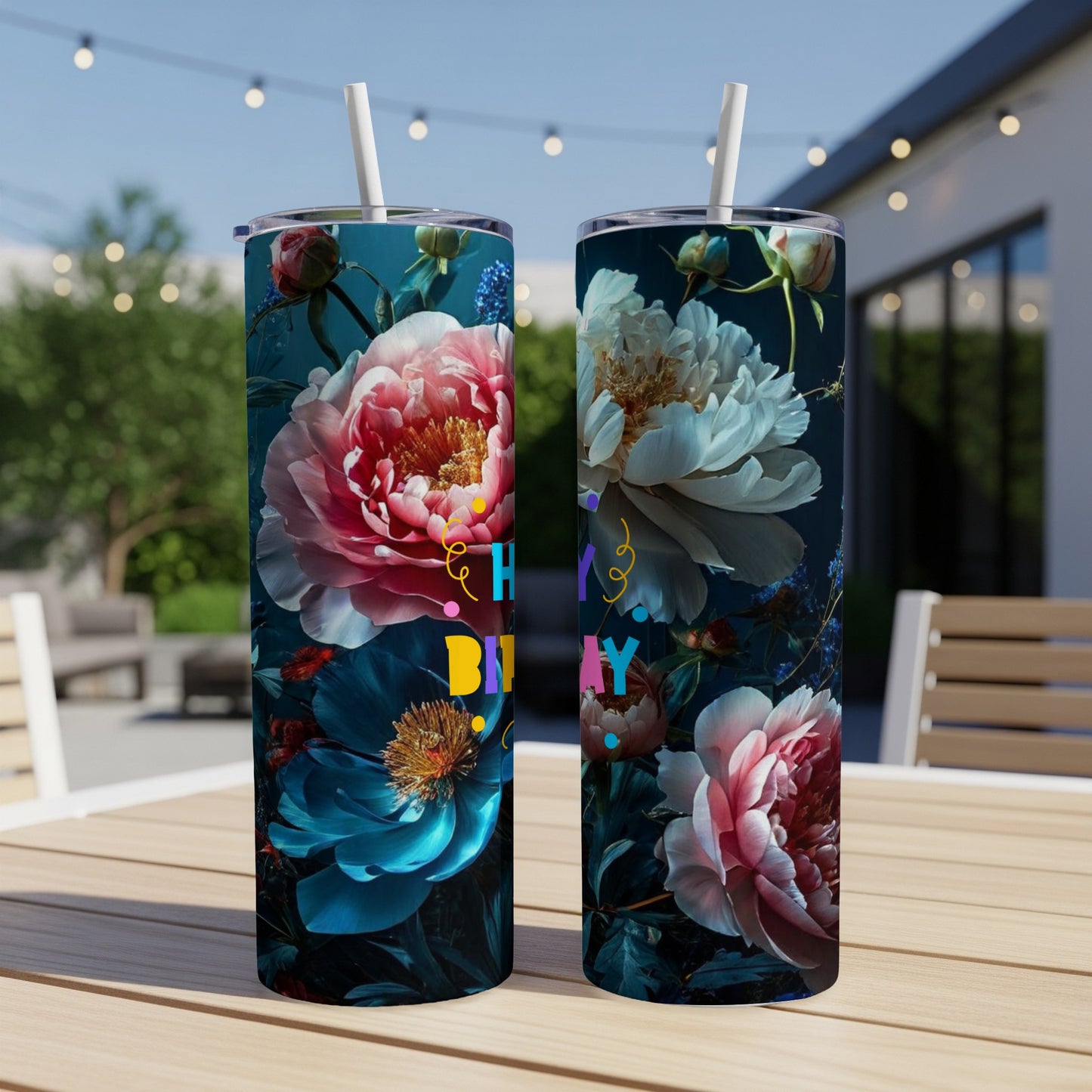 Two tumblers with floral designs and "Happy Birthday" text on a table.