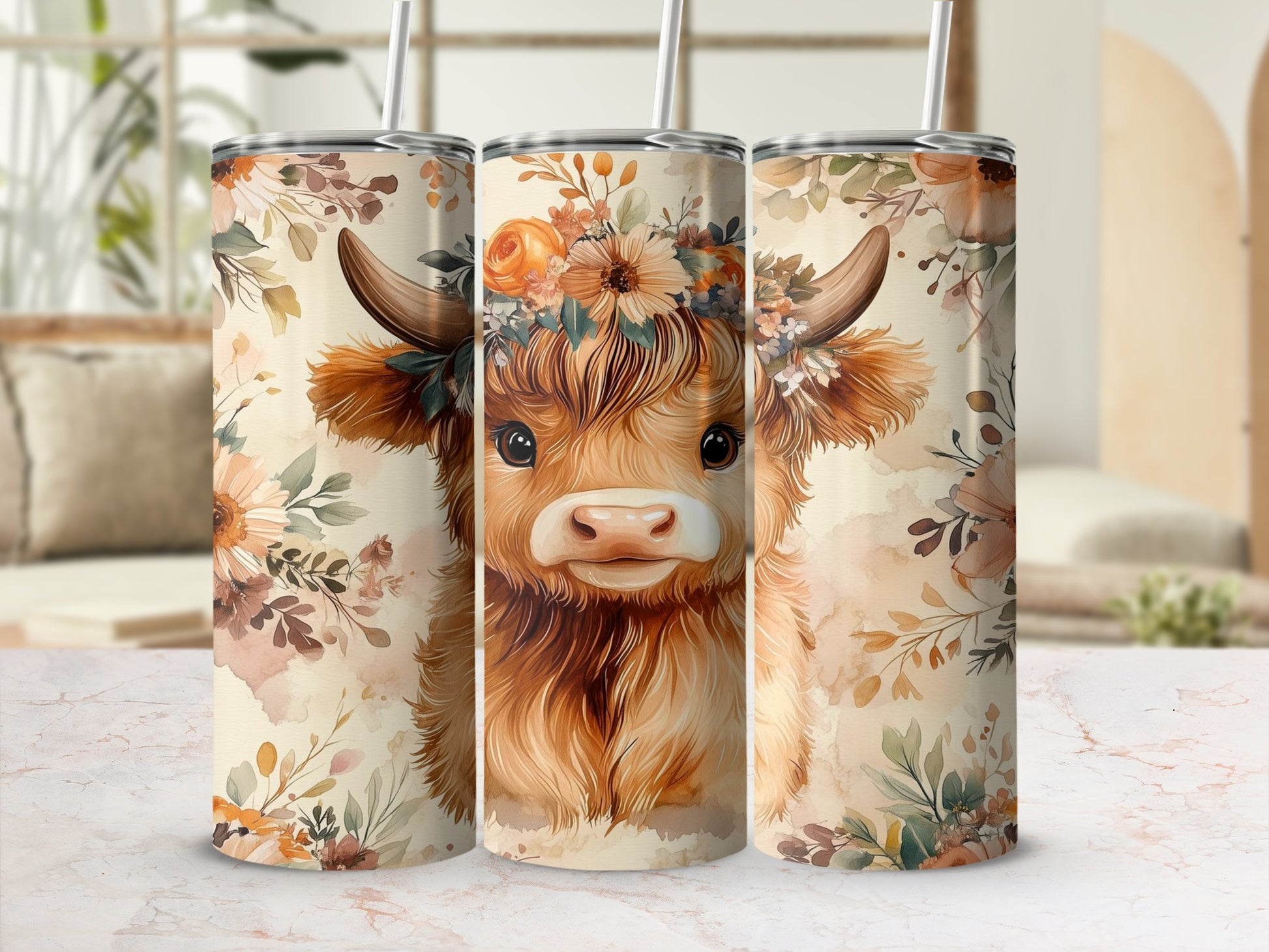 Cute Floral Highland Cow Design Insulated Tumbler