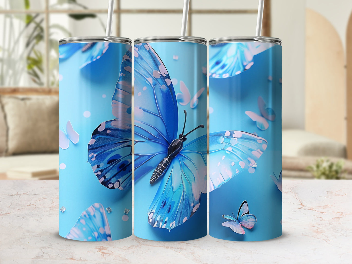 Blue butterflies on a light blue background with a subtle marble texture.