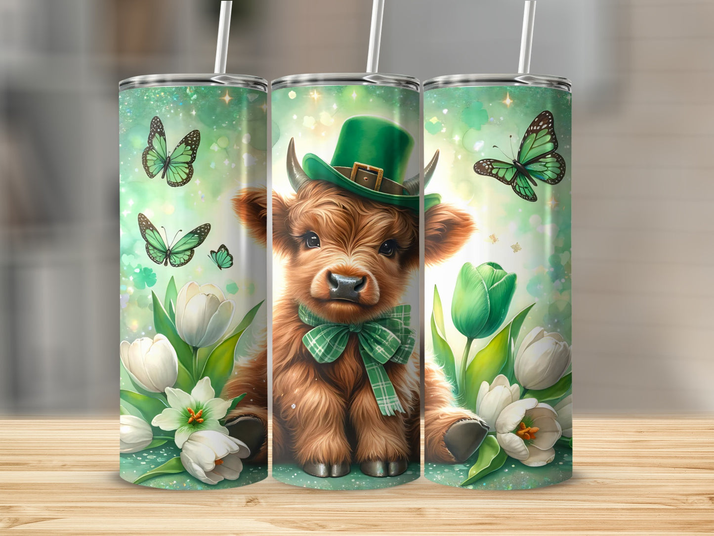 Highland cow in green hat and bow tie with butterflies and tulips.