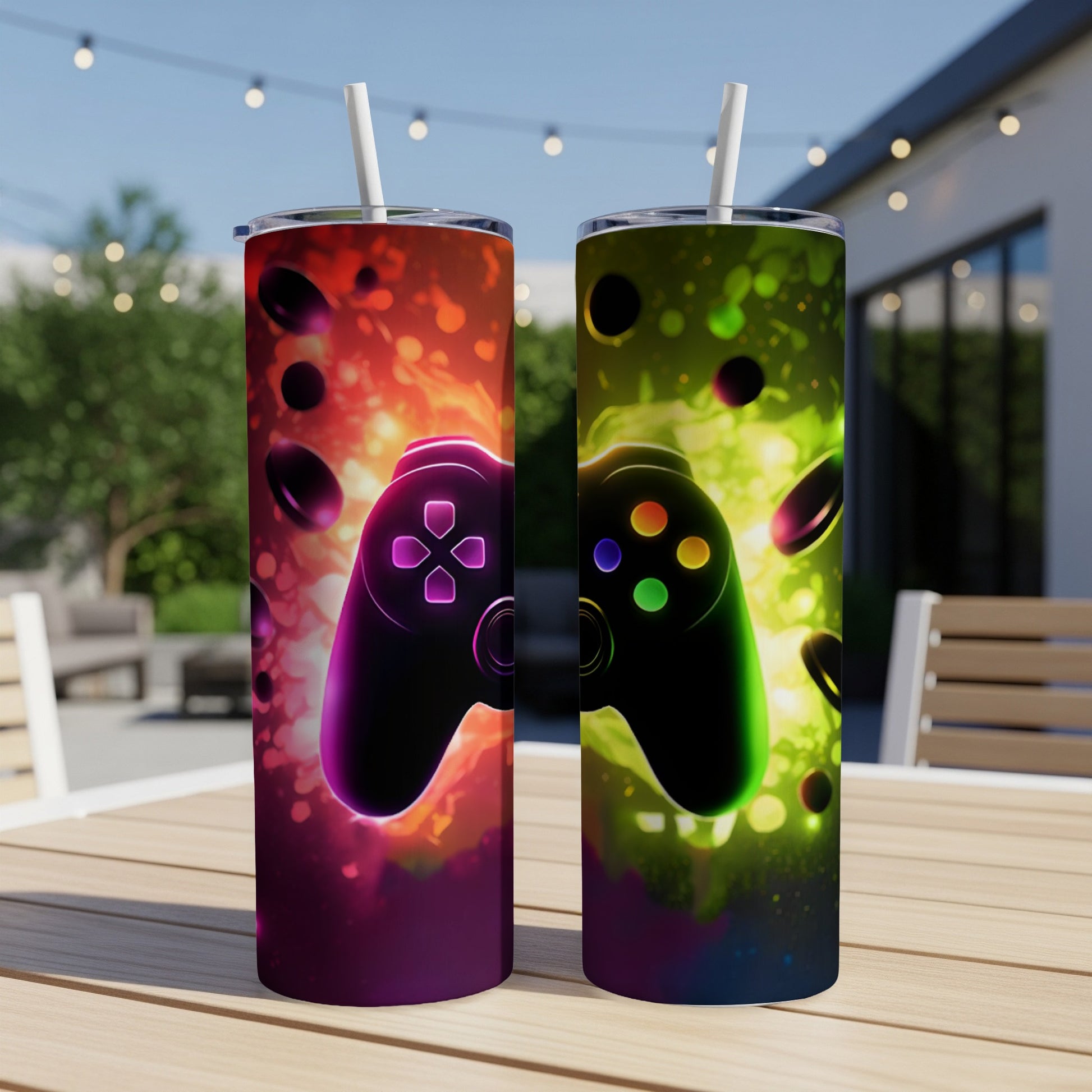 Two video game controllers in swirling red and green cosmic backgrounds.