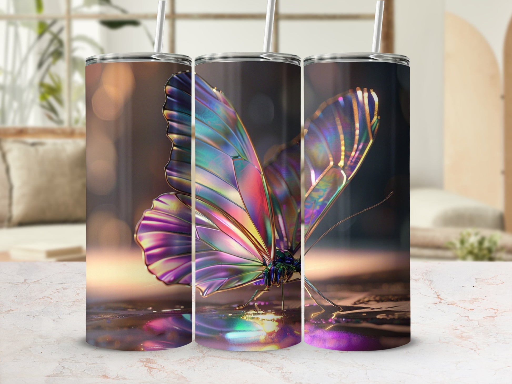 Iridescent butterfly on a reflective surface, presented in a triptych format.