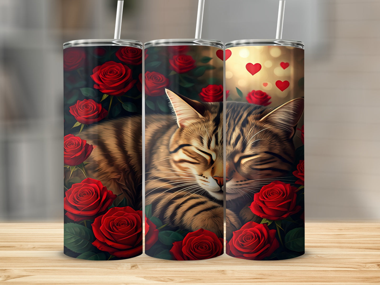 Tabby cat sleeping surrounded by red roses and golden hearts.