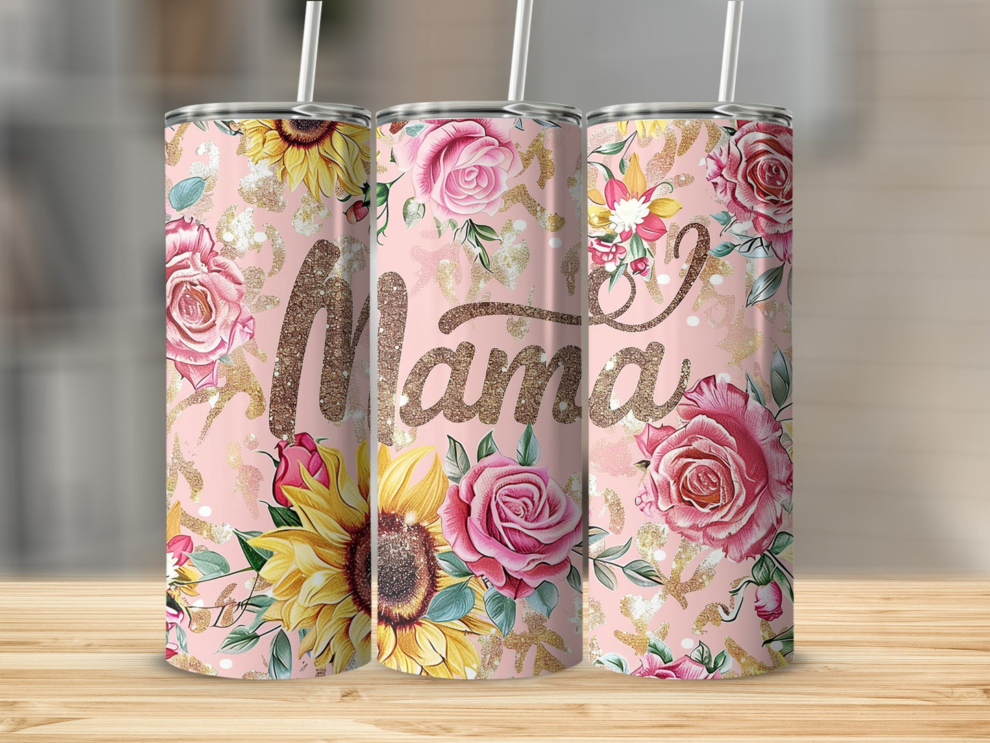 Floral Mama Tumbler Cup with Pink and Gold Accents