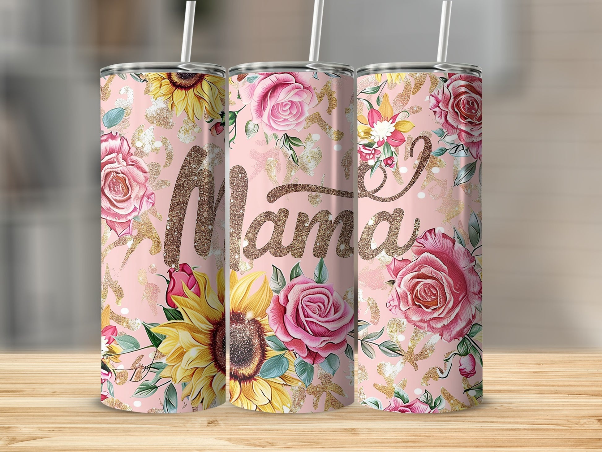 Floral Mama Tumbler Cup with Pink and Gold Accents