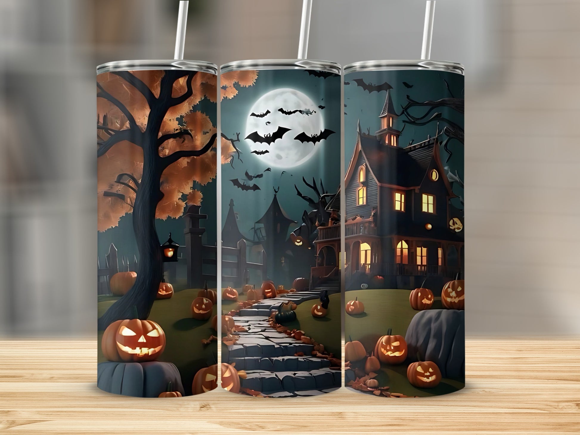 Spooky Halloween Haunted House Pumpkin Travel Mug