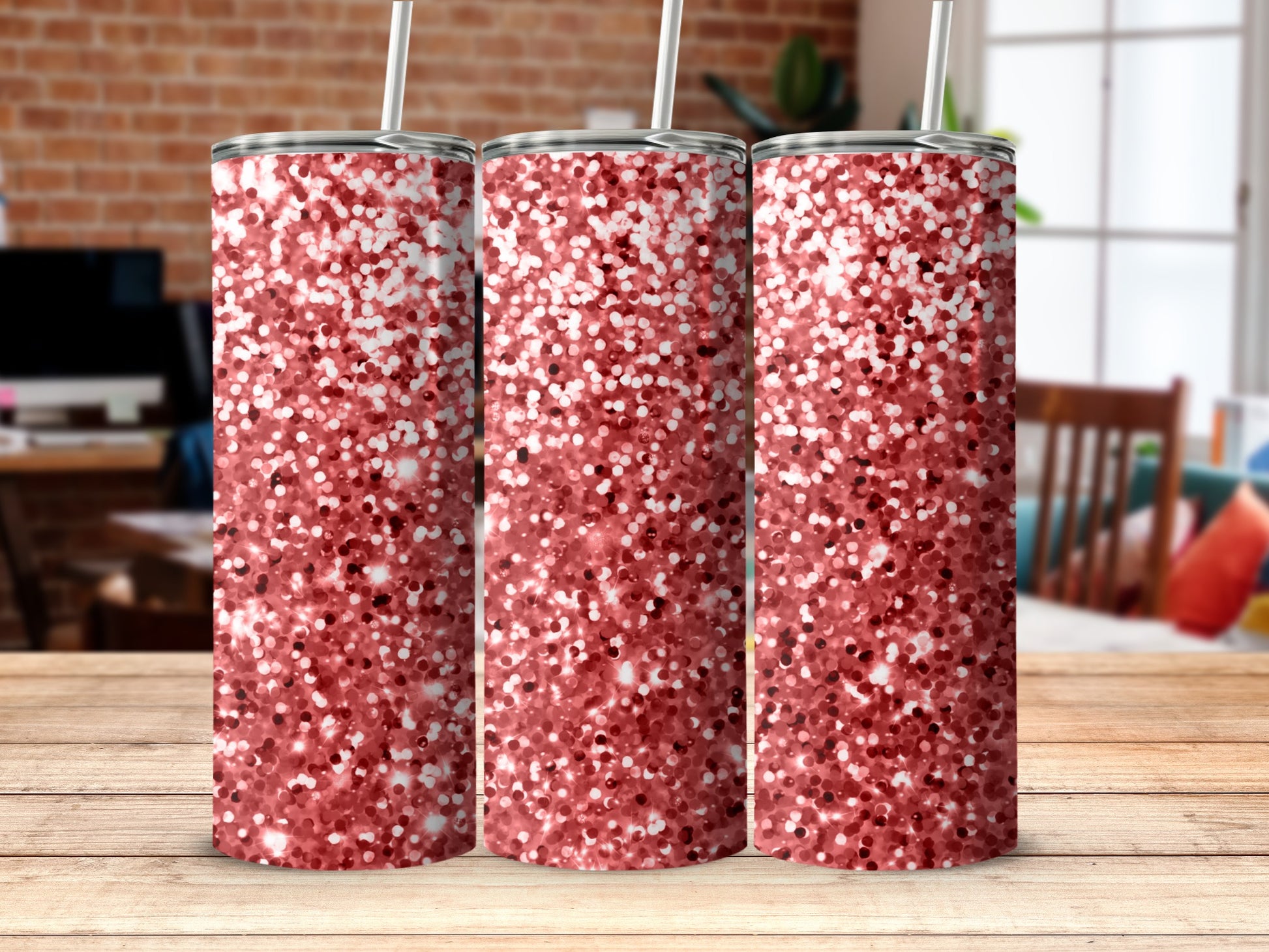 Sparkling Red Glitter Tumbler with Silver Straws