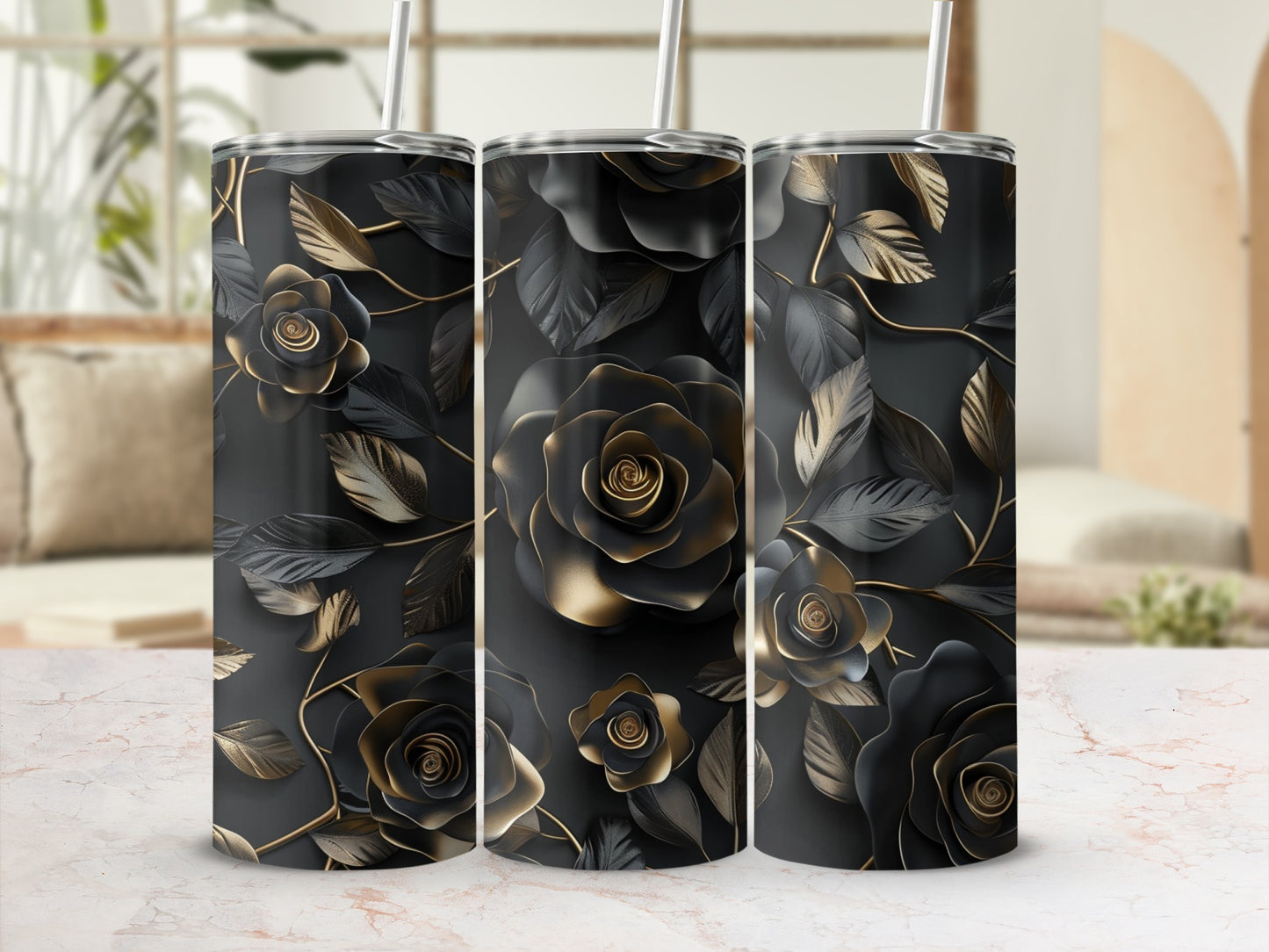 Black and gold floral pattern on three tumblers.