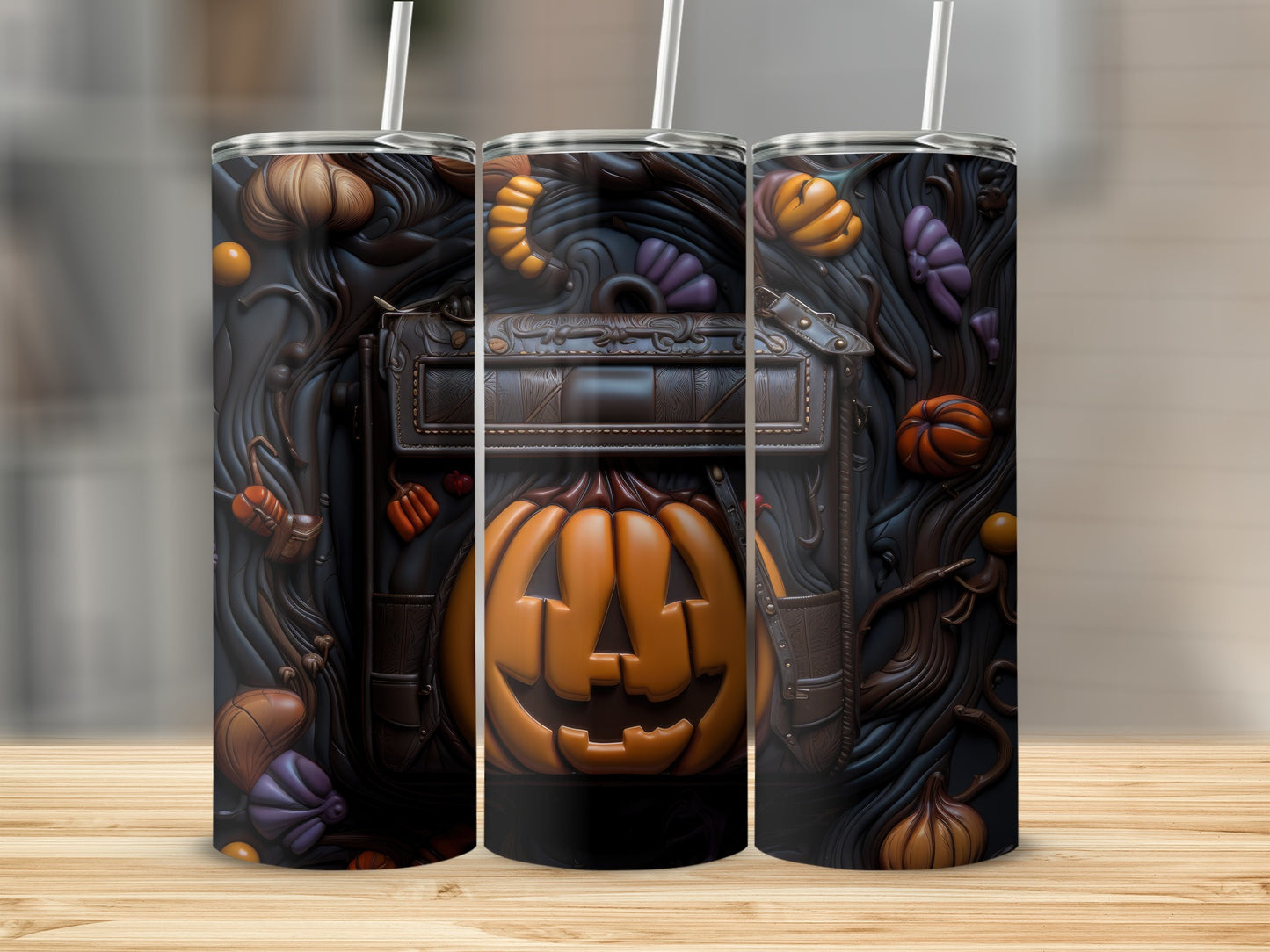 Three tumblers with a Halloween design featuring pumpkins, gourds, and stylized leather straps.