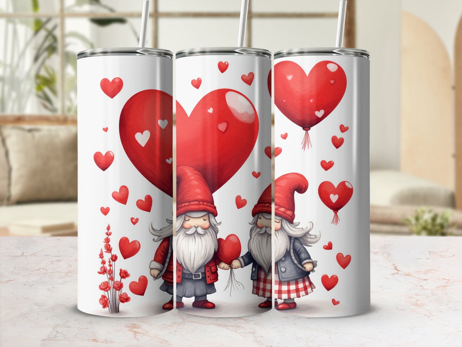 Valentine's Day Gnome Design Tumbler with Red Hearts
