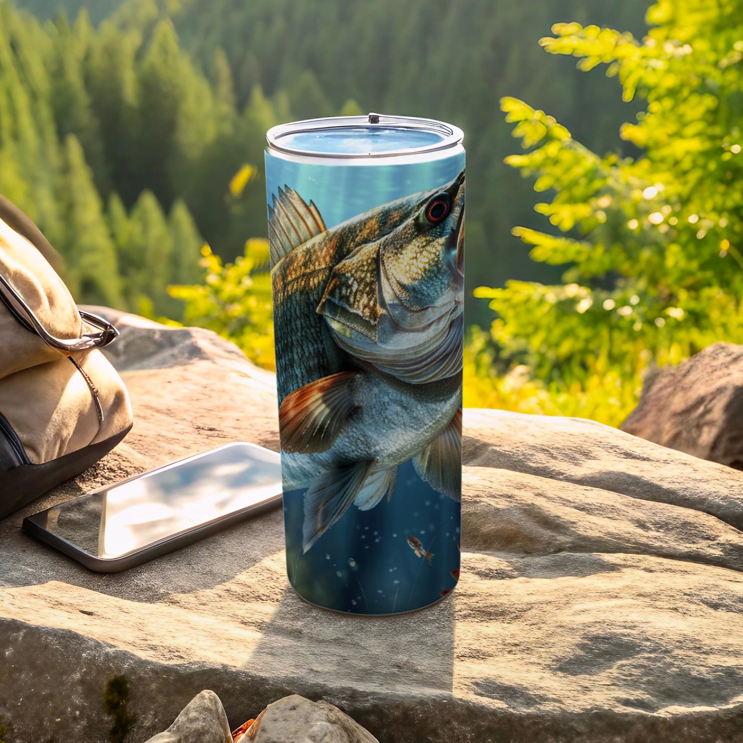Fish illustration on a metal tumbler with outdoor scenery in the background.
