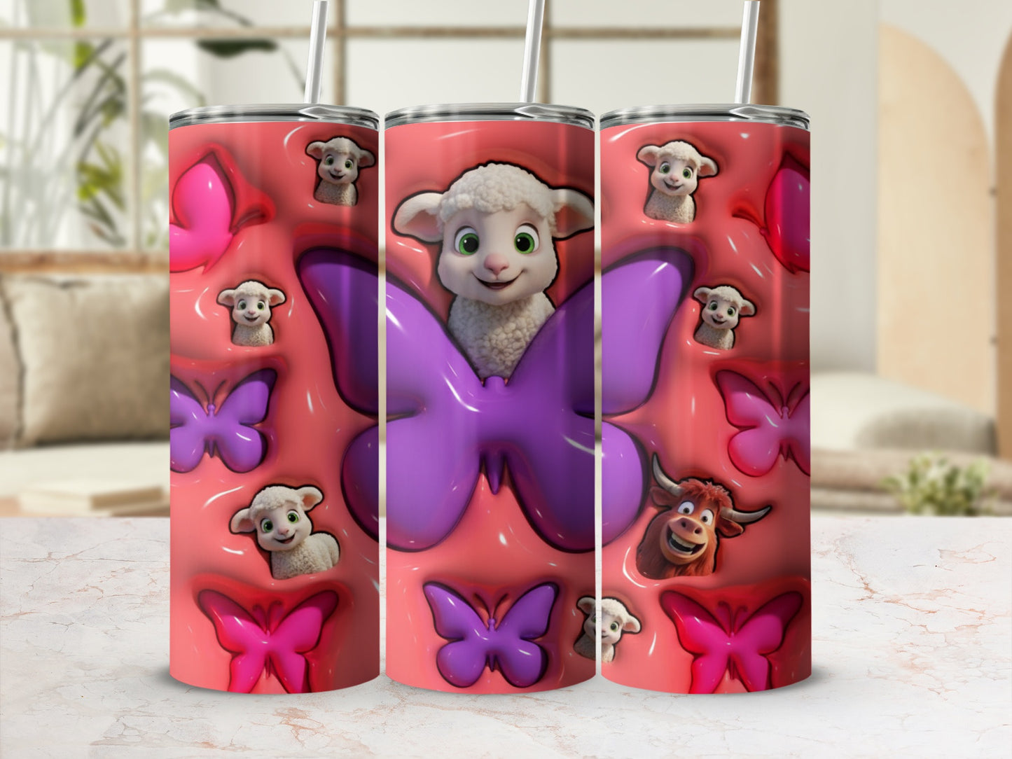Adorable Sheep and Butterfly Design Tumbler Cup