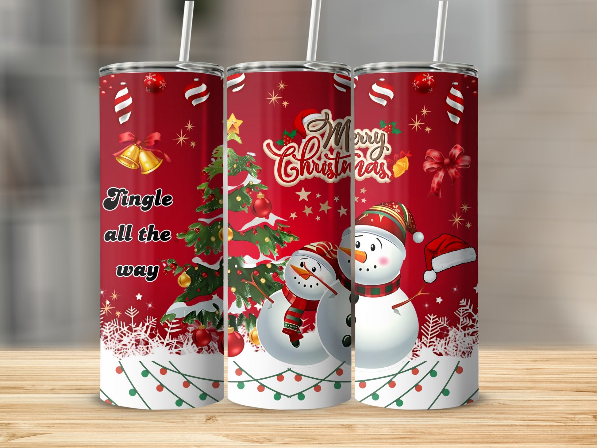 Festive Christmas Themed Tumbler with Snowmen and Tree
