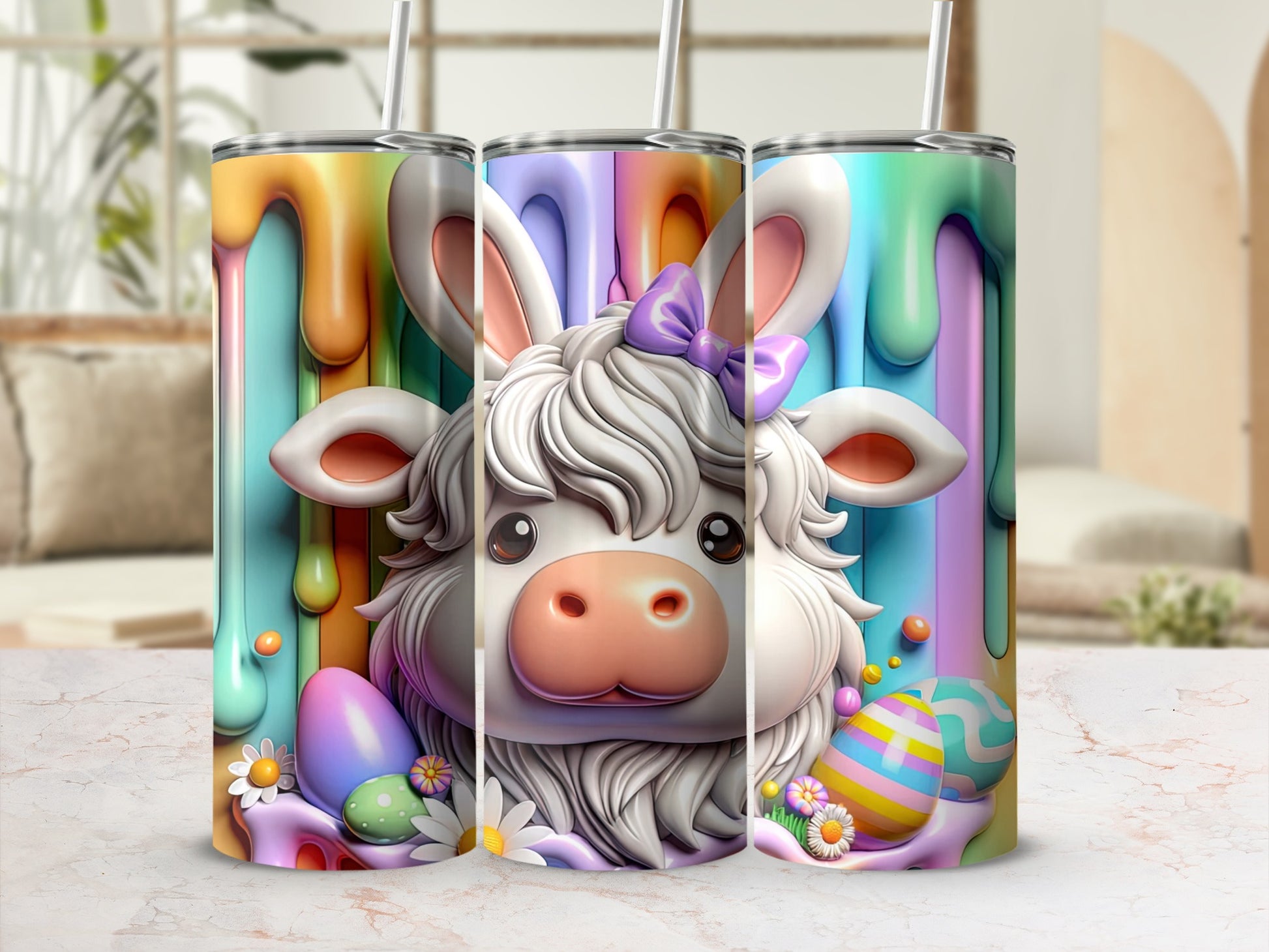 Easter bunny cow with colorful paint drips and eggs on tumbler.