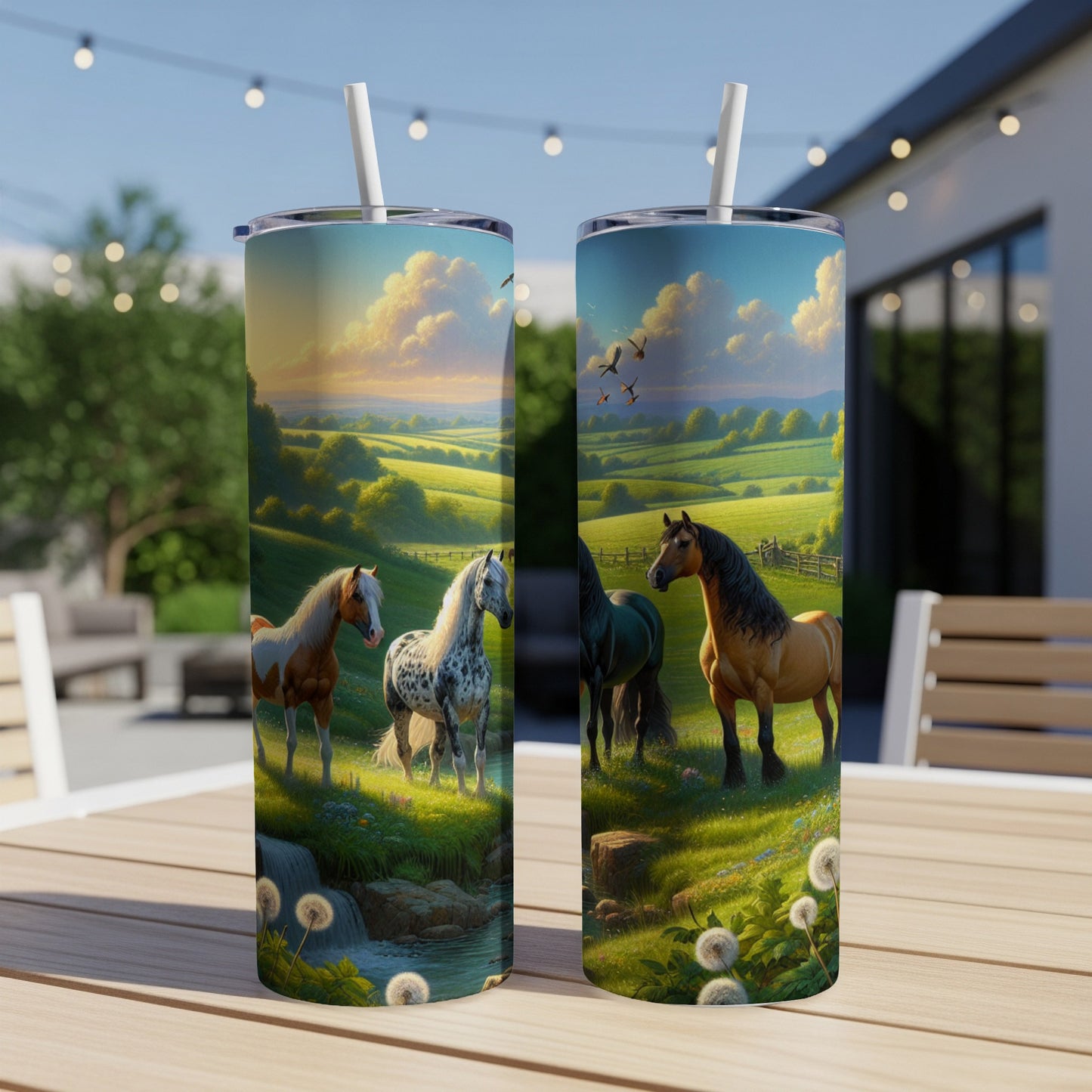 Two tumblers feature horses in a rolling green landscape with a cloudy sky.