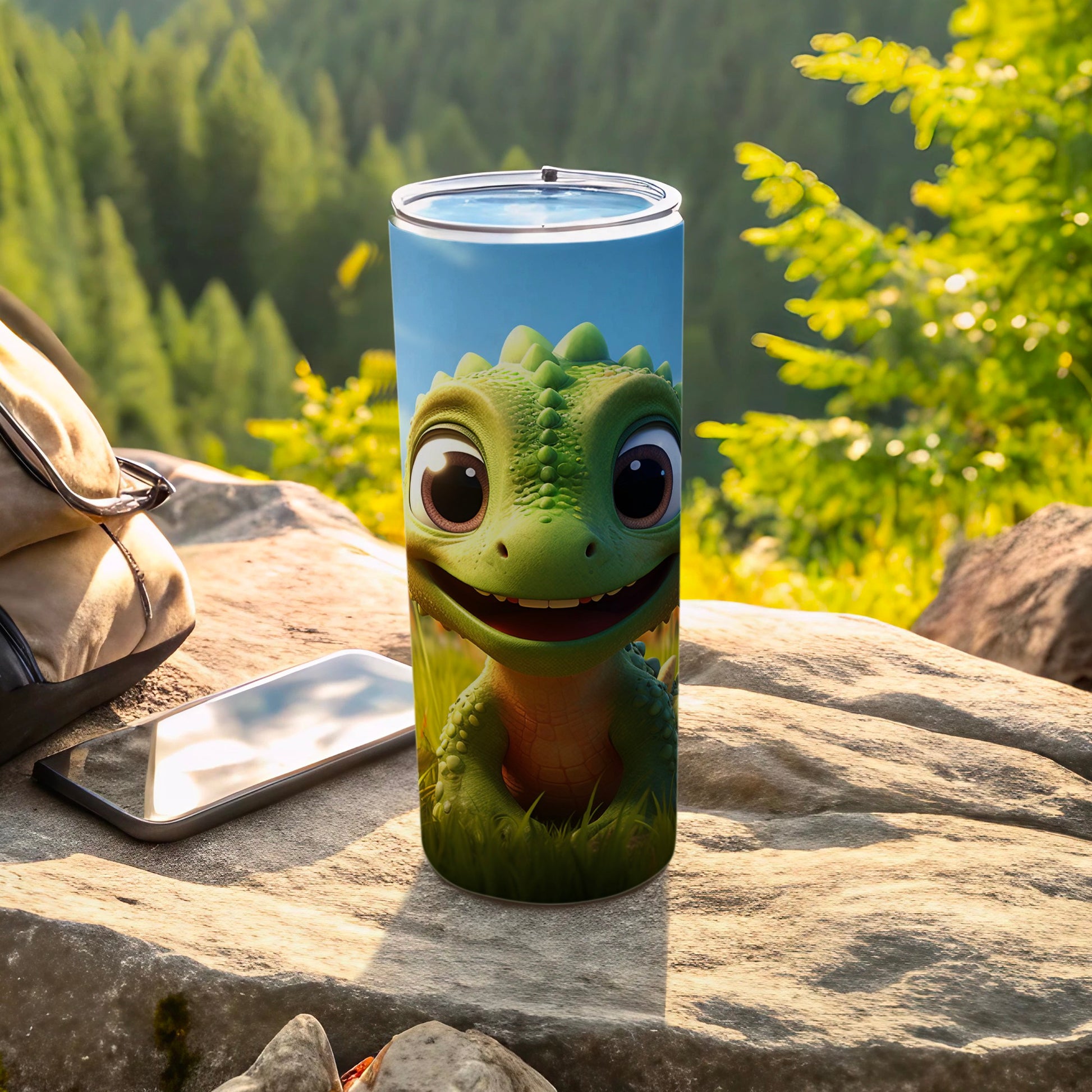 Cute Green Cartoon Lizard on Travel Tumbler Product