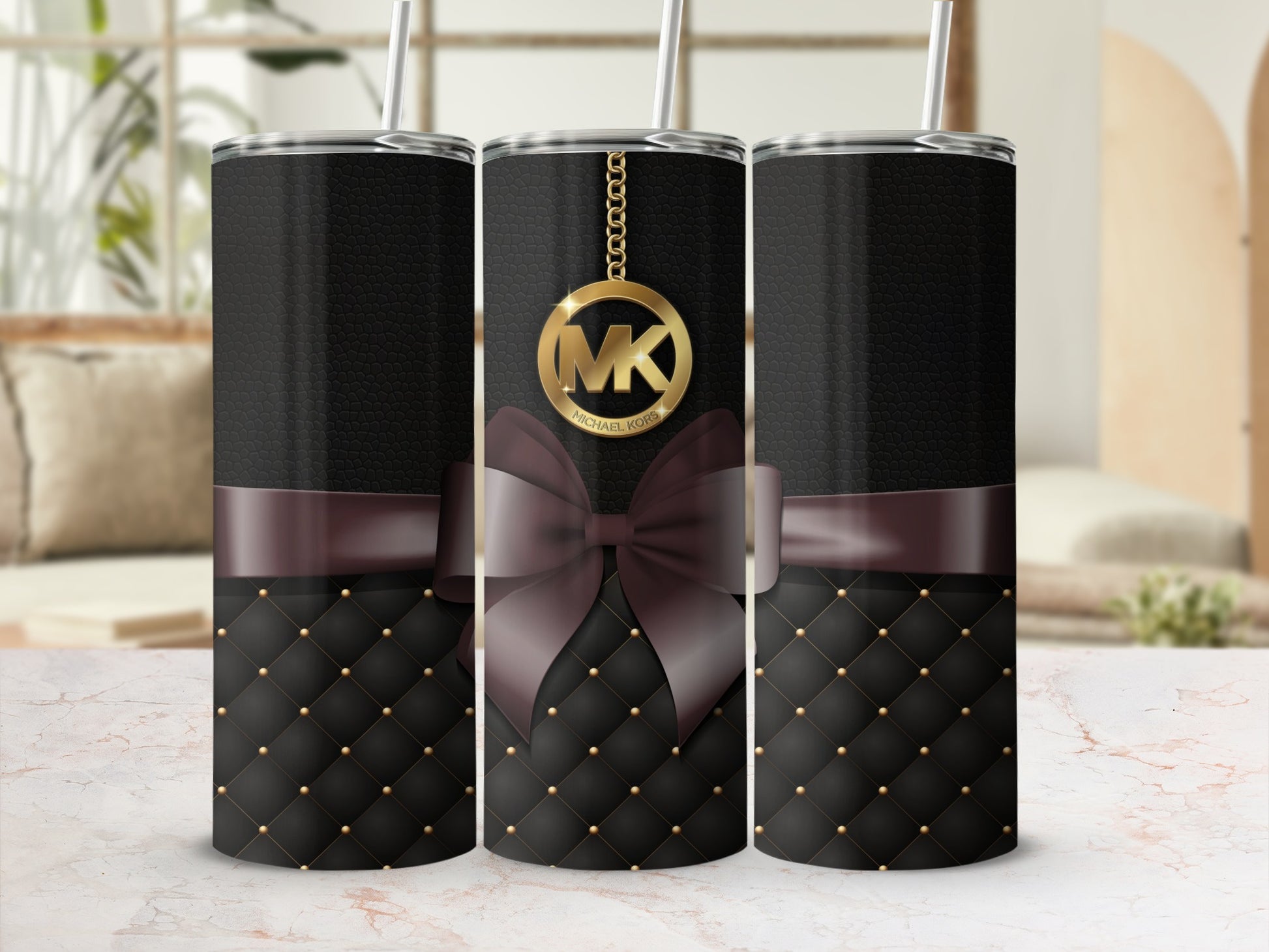 Stylish Black Quilted Pattern Tumbler with Bow Design