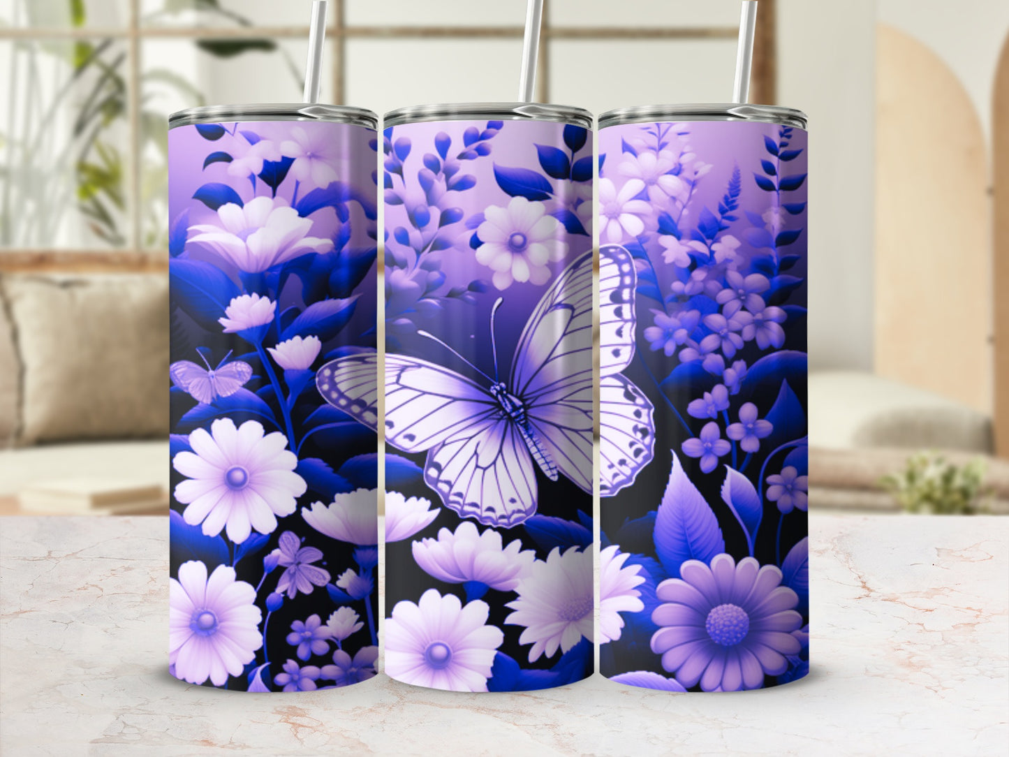 Purple tumbler with white butterflies and floral designs.