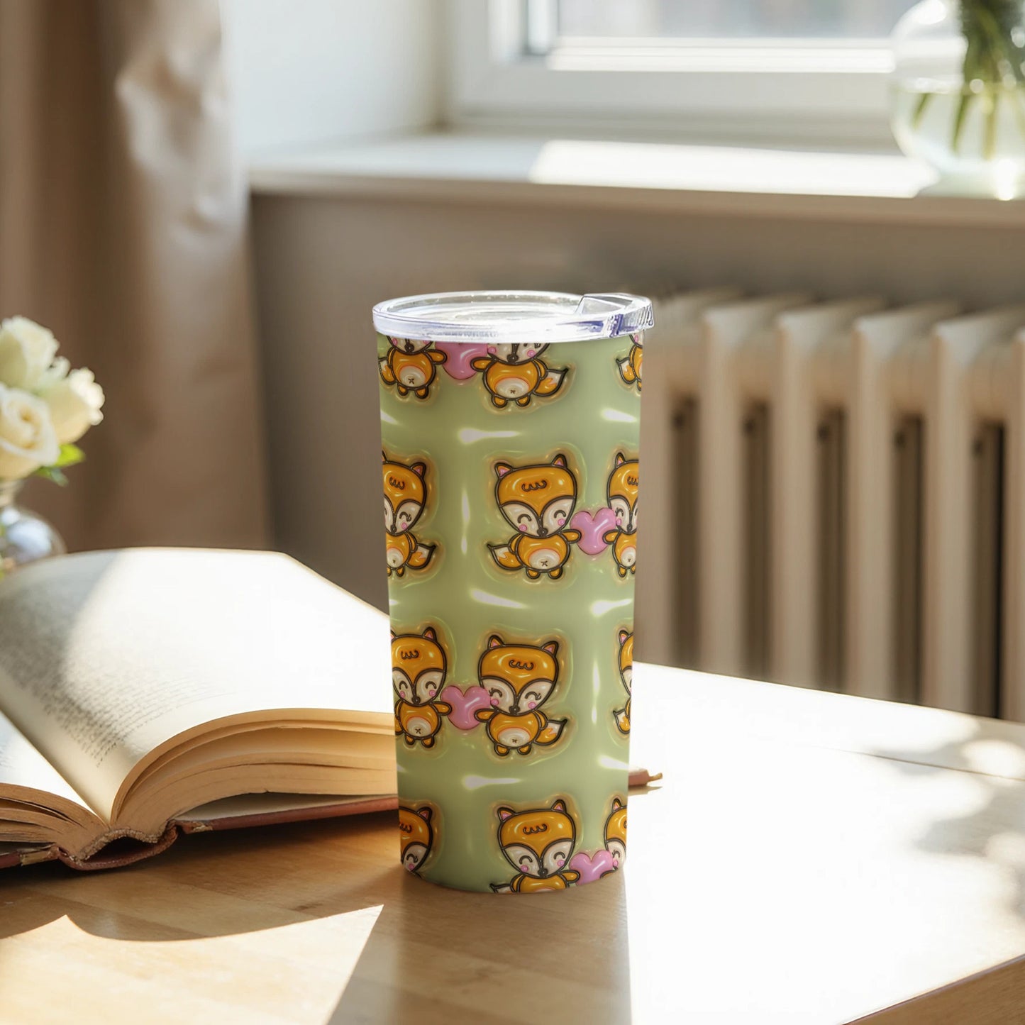 Cute Fox and Kitten Pattern on Green Tumbler