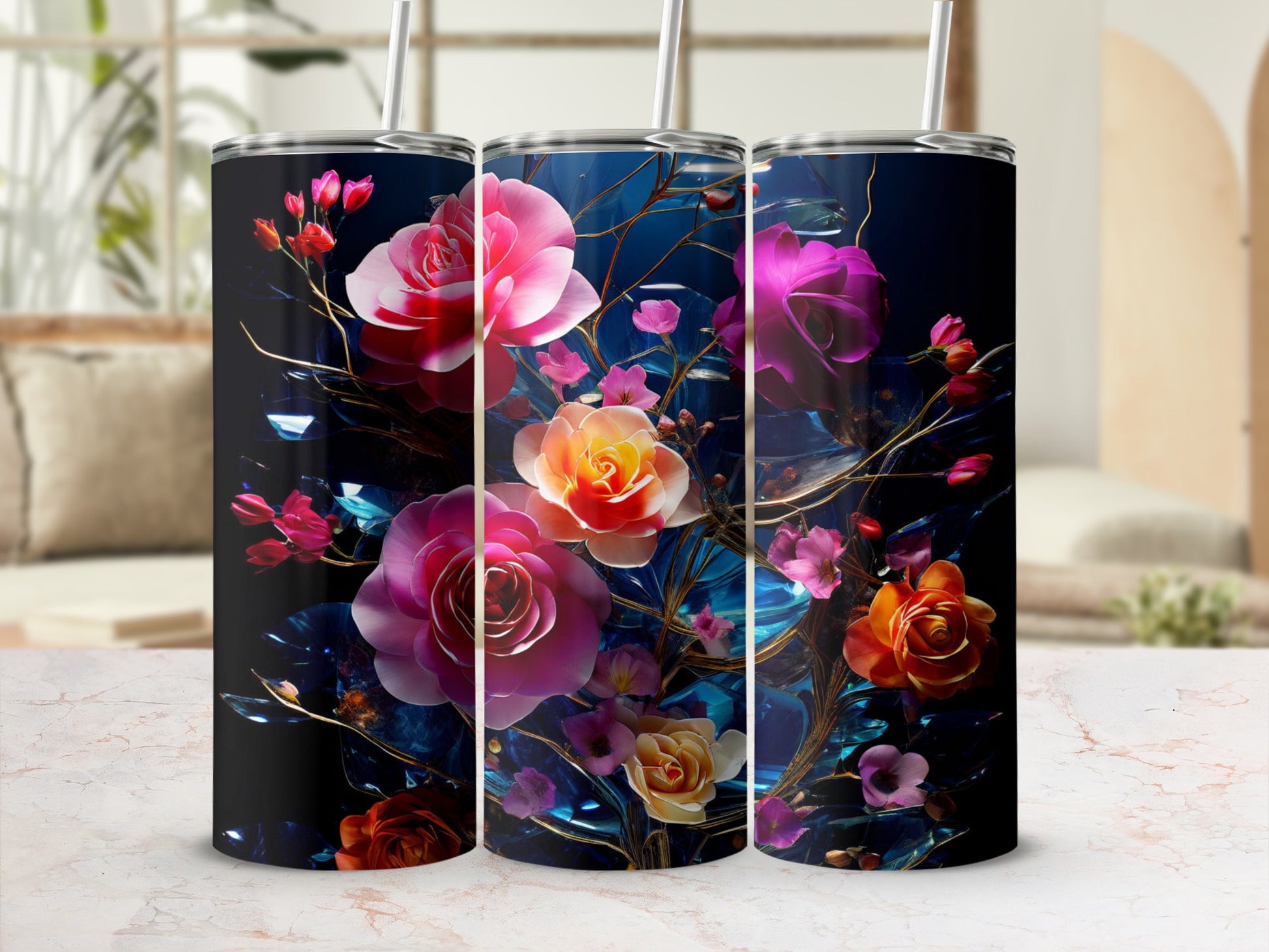 Three tumblers featuring vibrant, realistic floral designs and abstract blue elements.