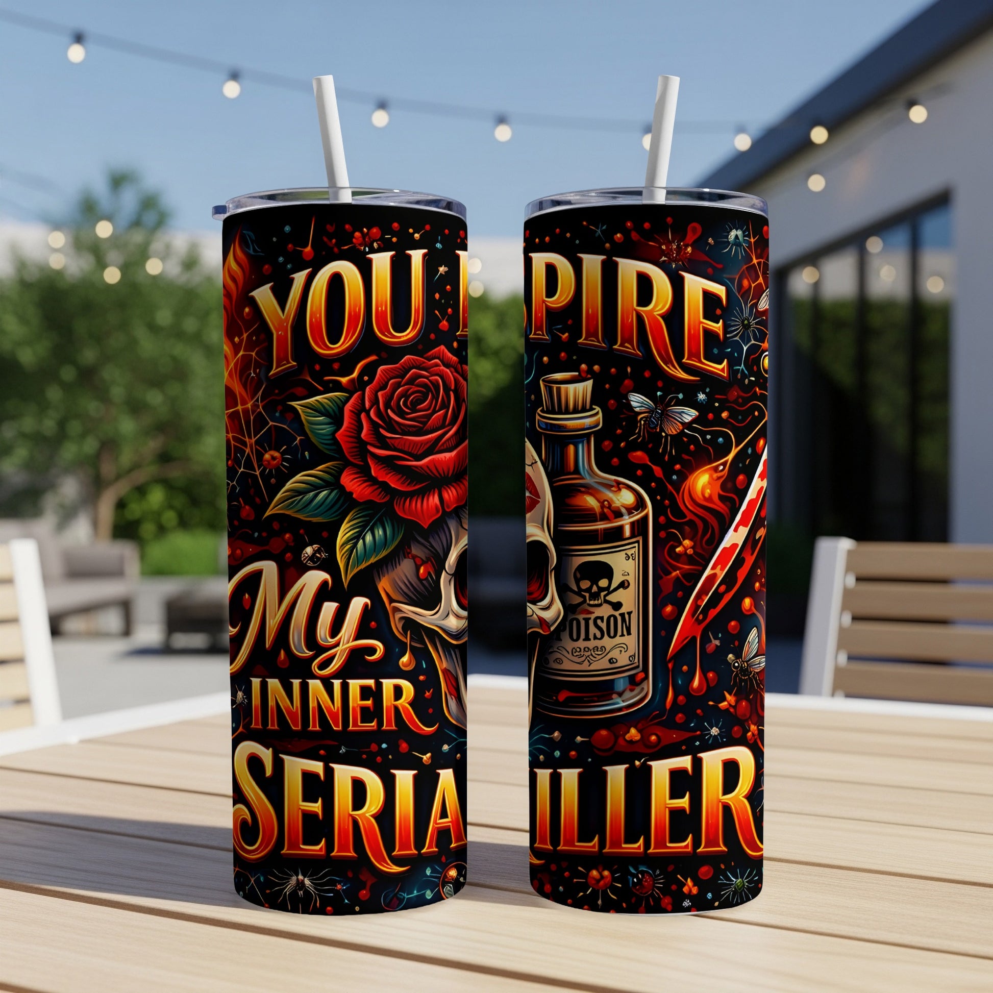 "You Inspire My Inner Serial Killer" text on a spooky Halloween tumbler with skull and poison bottle.