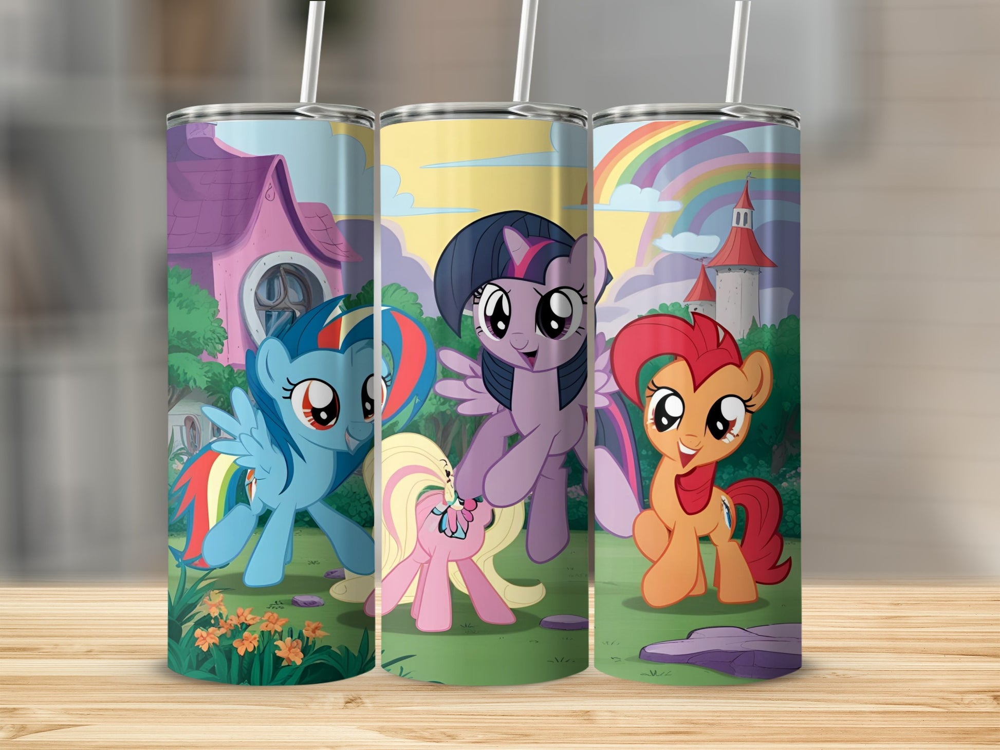 My Little Pony characters Rainbow Dash, Twilight Sparkle, and Apple Bloom on colorful tumblers.
