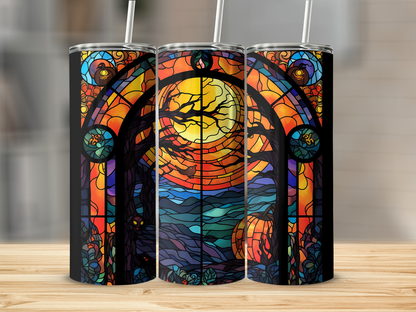 Stained glass tumbler with Halloween moon, pumpkin, and spooky trees.