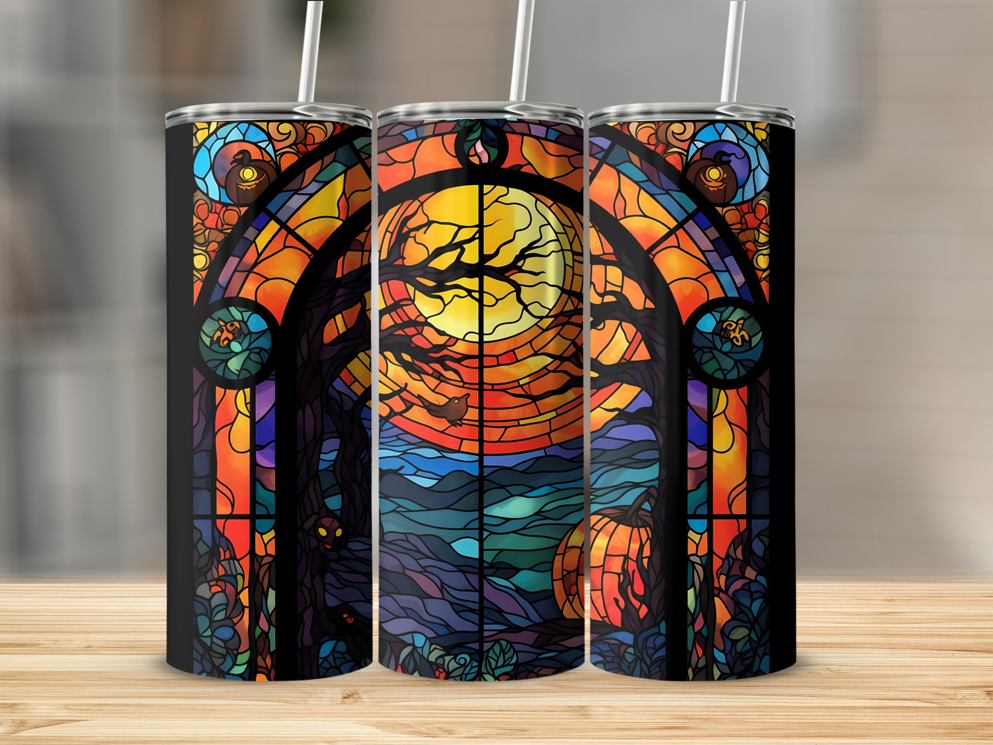 Stained glass tumbler with Halloween moon, pumpkin, and spooky trees.