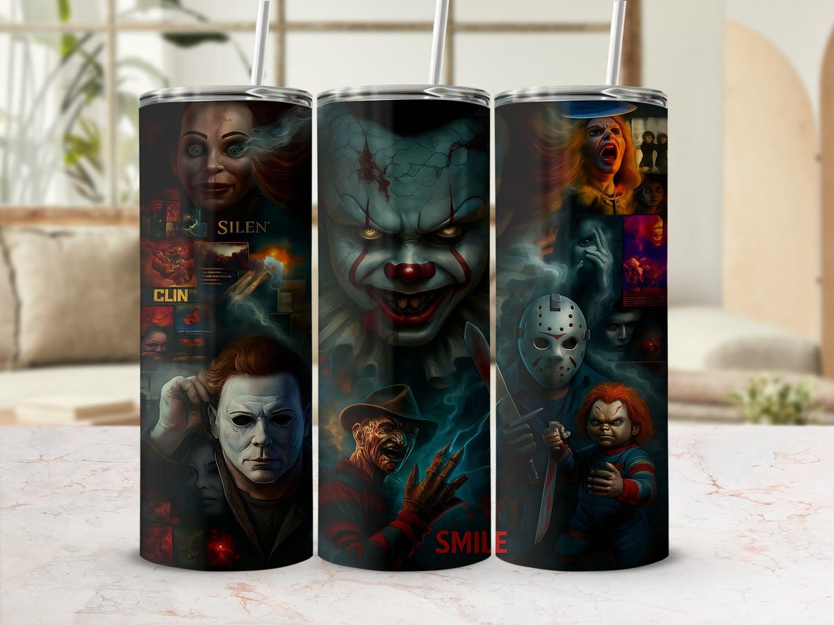 Tumbler with horror movie characters including Pennywise, Michael Myers, Freddy Krueger, and Chucky.