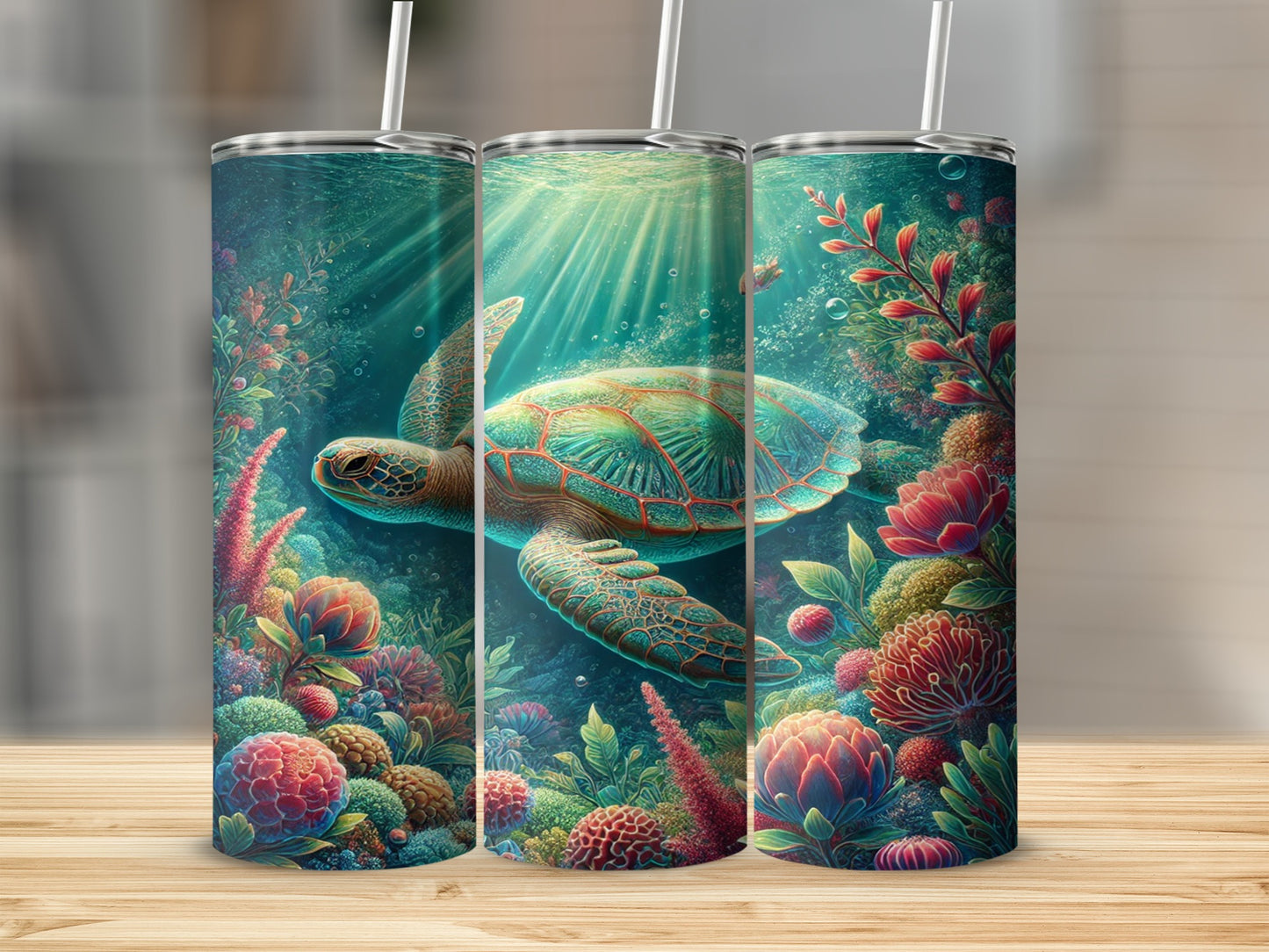 Vibrant Sea Turtle Ocean Coral Scene Travel Tumbler