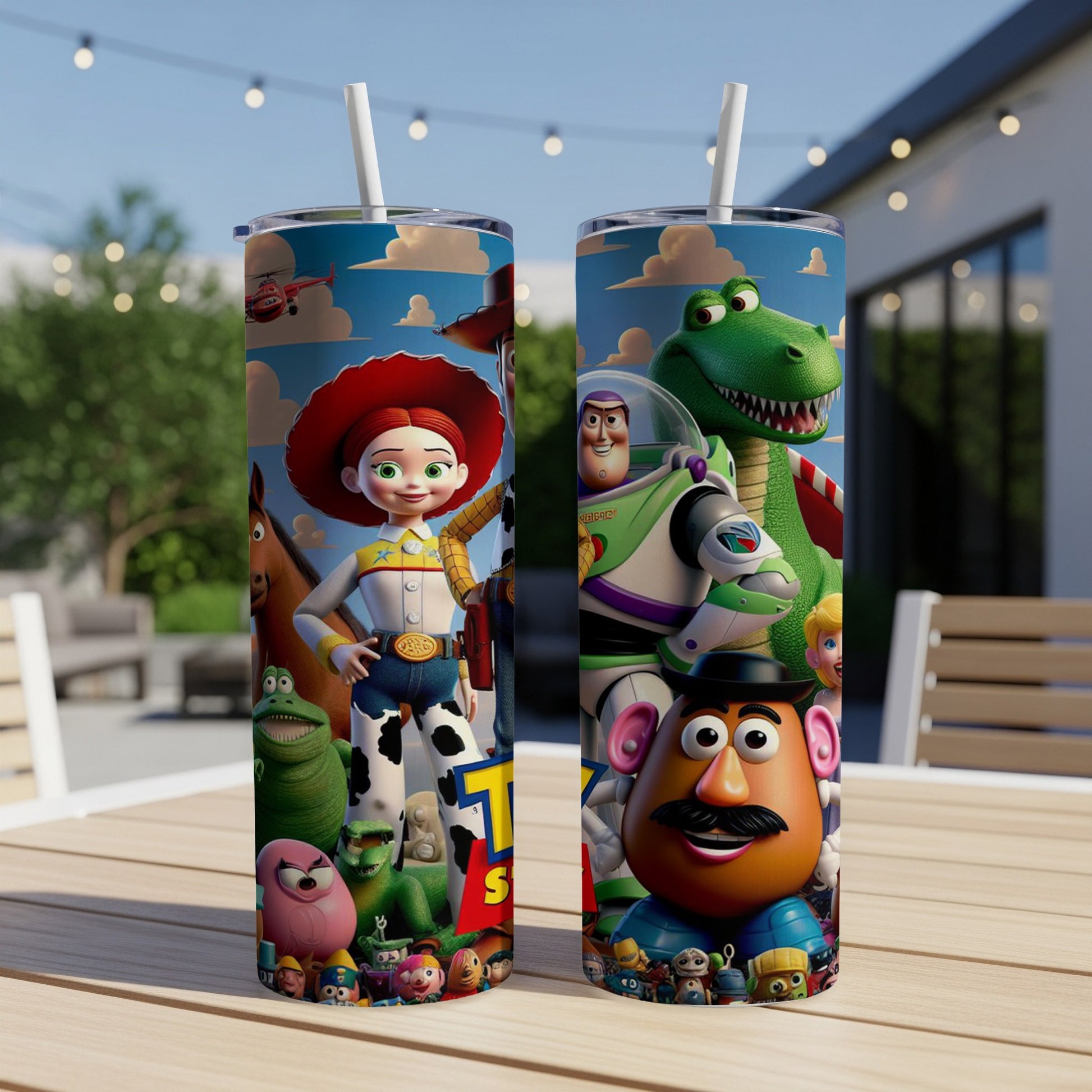 Toy Story characters Jessie and Rex on a tumbler with Buzz Lightyear and Mr. Potato Head.
