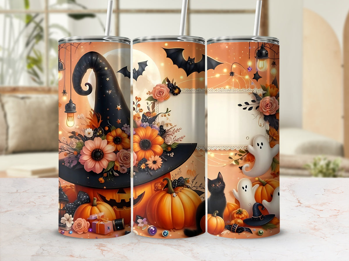 Halloween tumbler with witch hat, pumpkins, bats, ghosts, and a black cat.