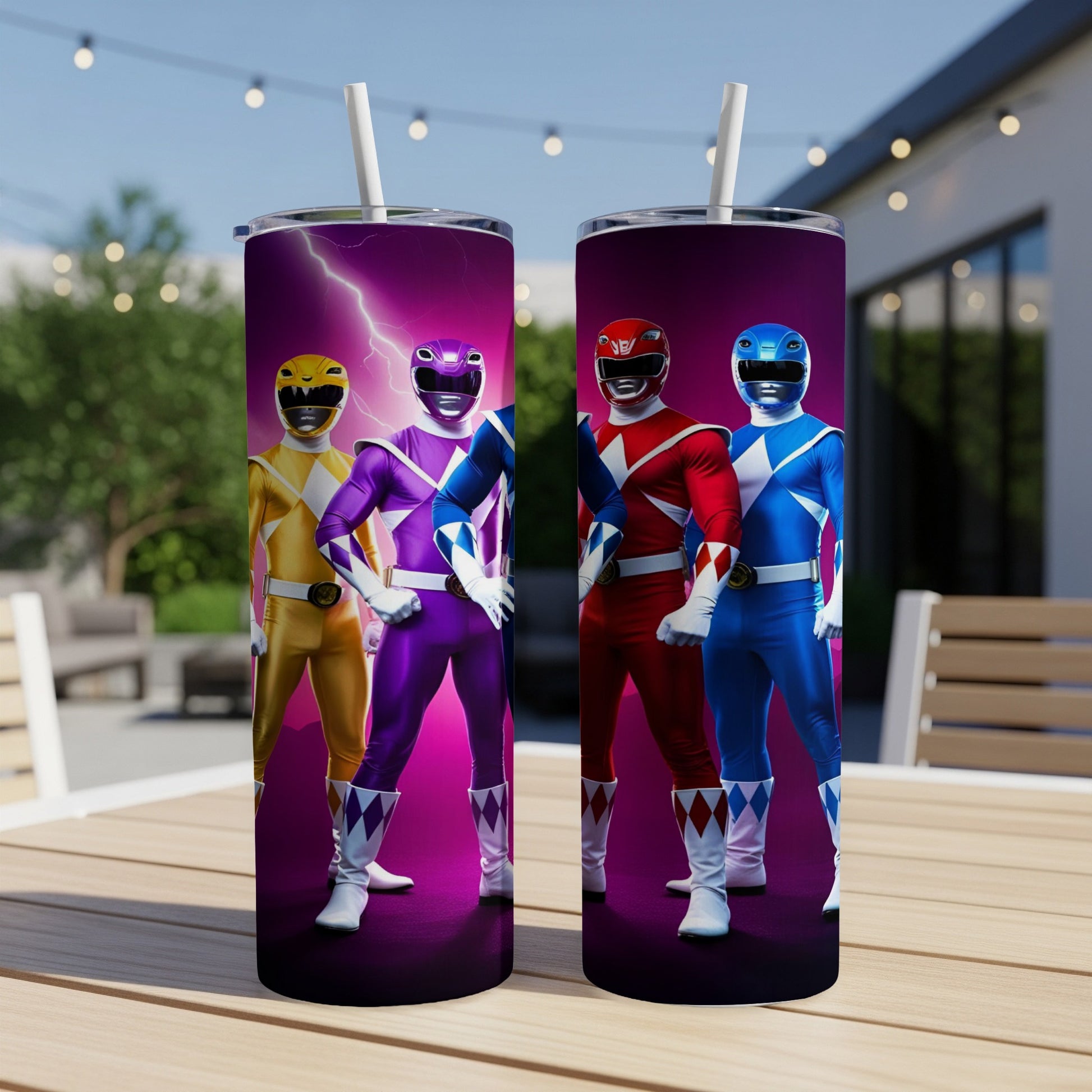 Mighty Morphin Power Rangers in red, blue, yellow, and purple suits.