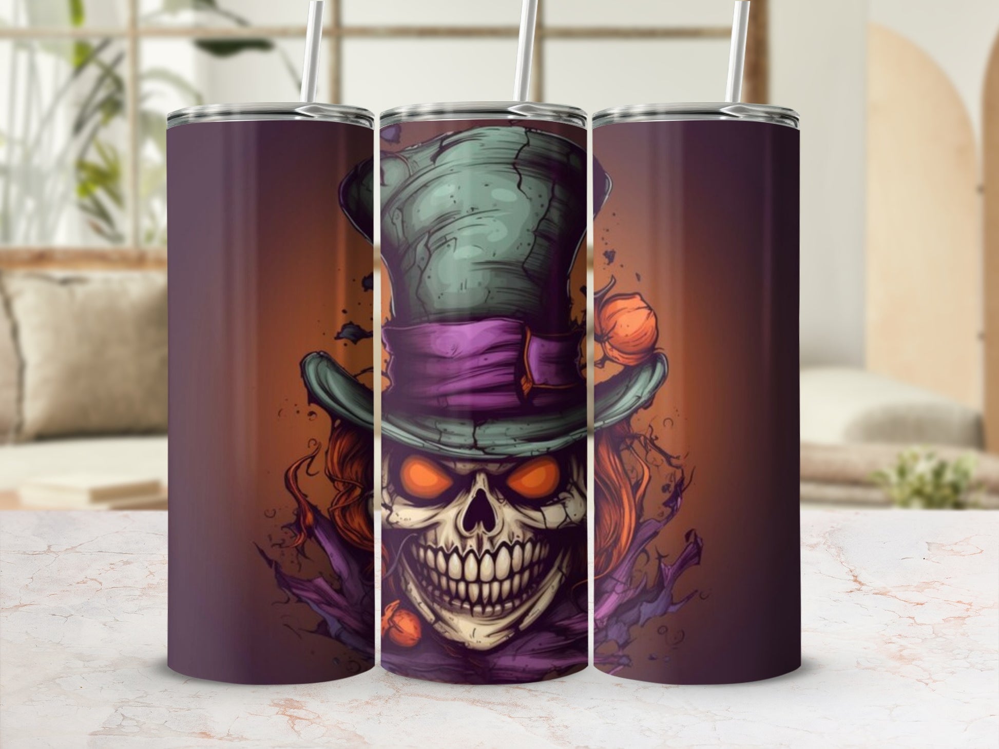 Triptych of tumblers featuring a spooky grinning skull wearing a top hat.